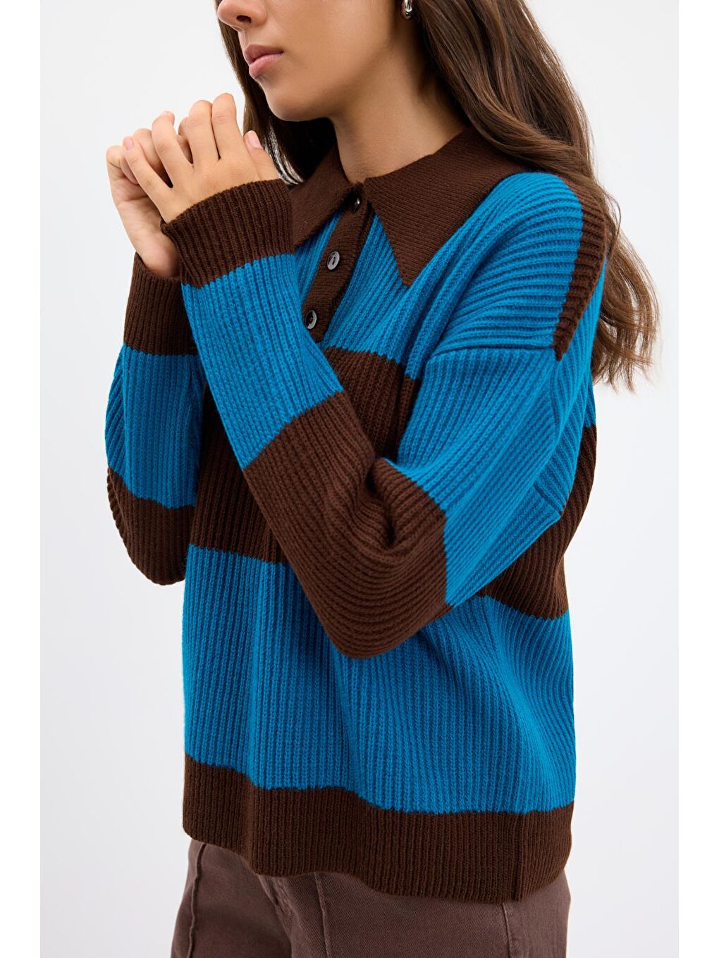 Kahverengi Polo Yaka Çift Renkli Triko Kazak Kahve-4