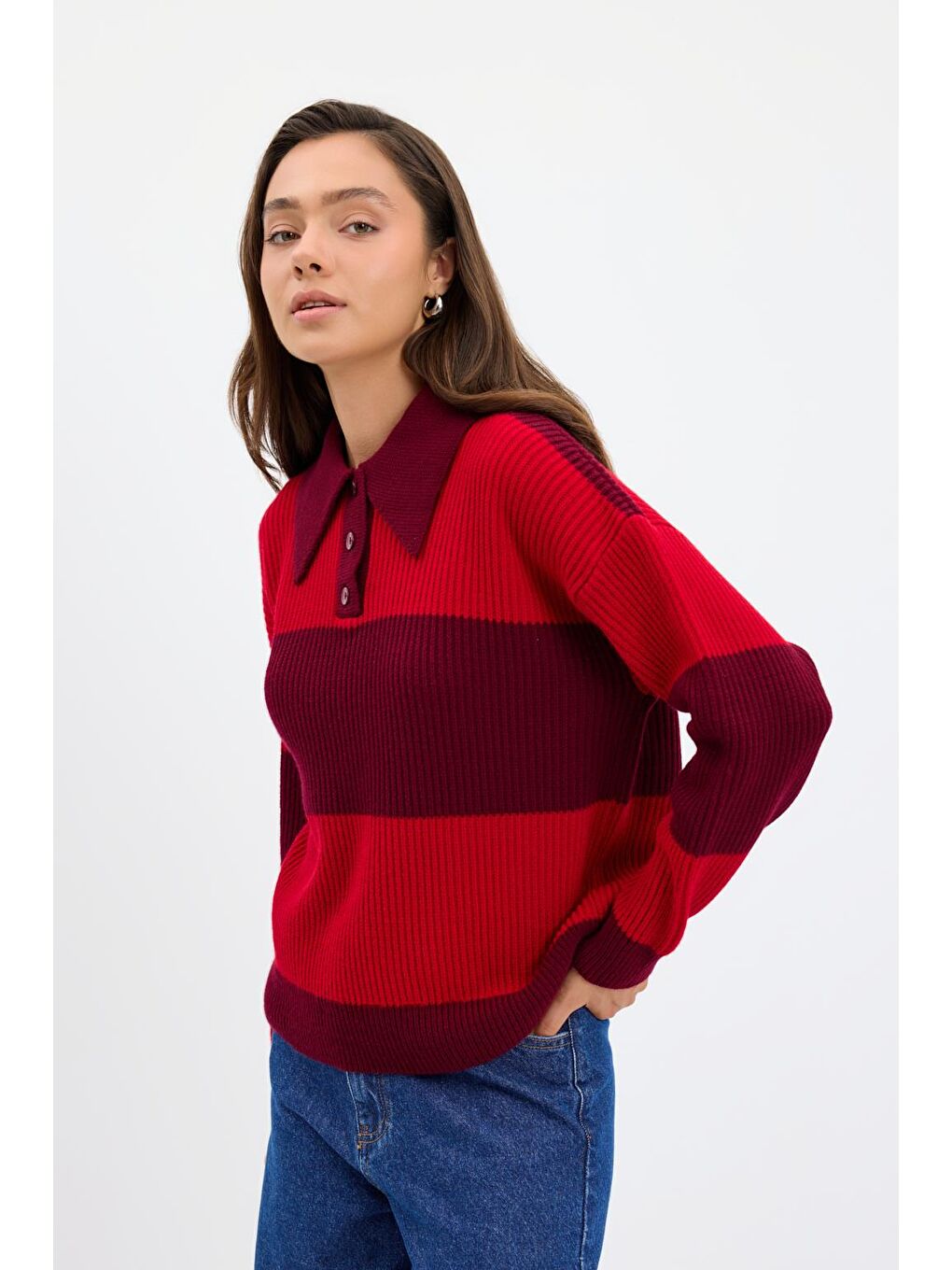 Polo Yaka Çift Renkli Triko Kazak Bordo-3