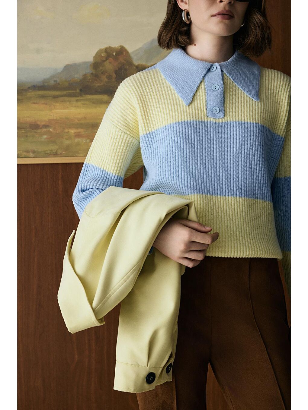 Polo Yaka Çift Renkli Triko Kazak Uçuk Mavi-4