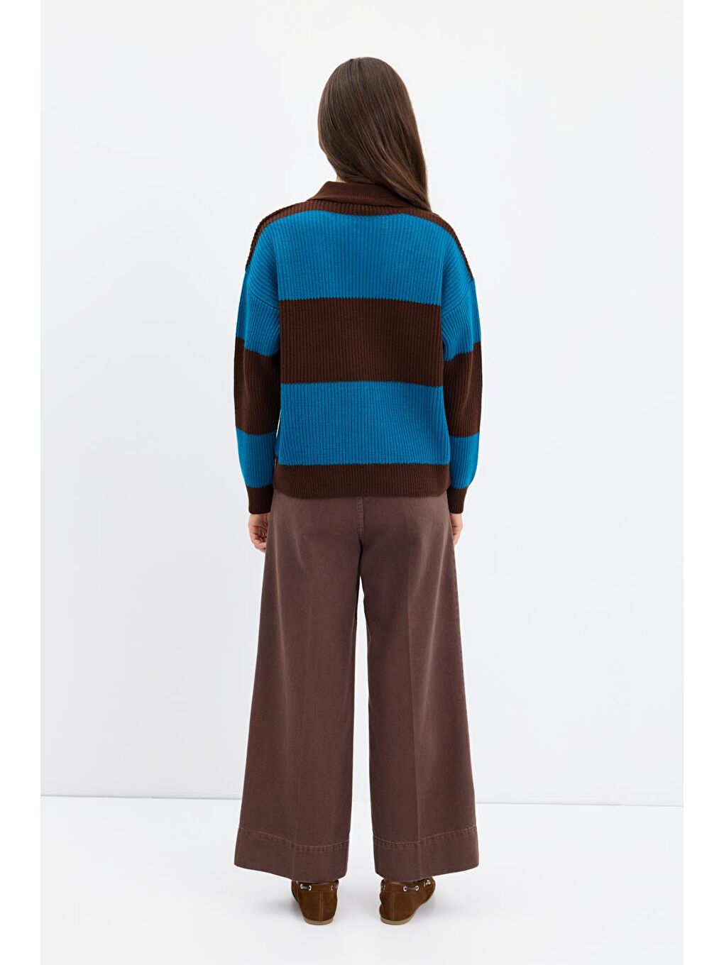 Kahverengi Polo Yaka Çift Renkli Triko Kazak Kahve-5