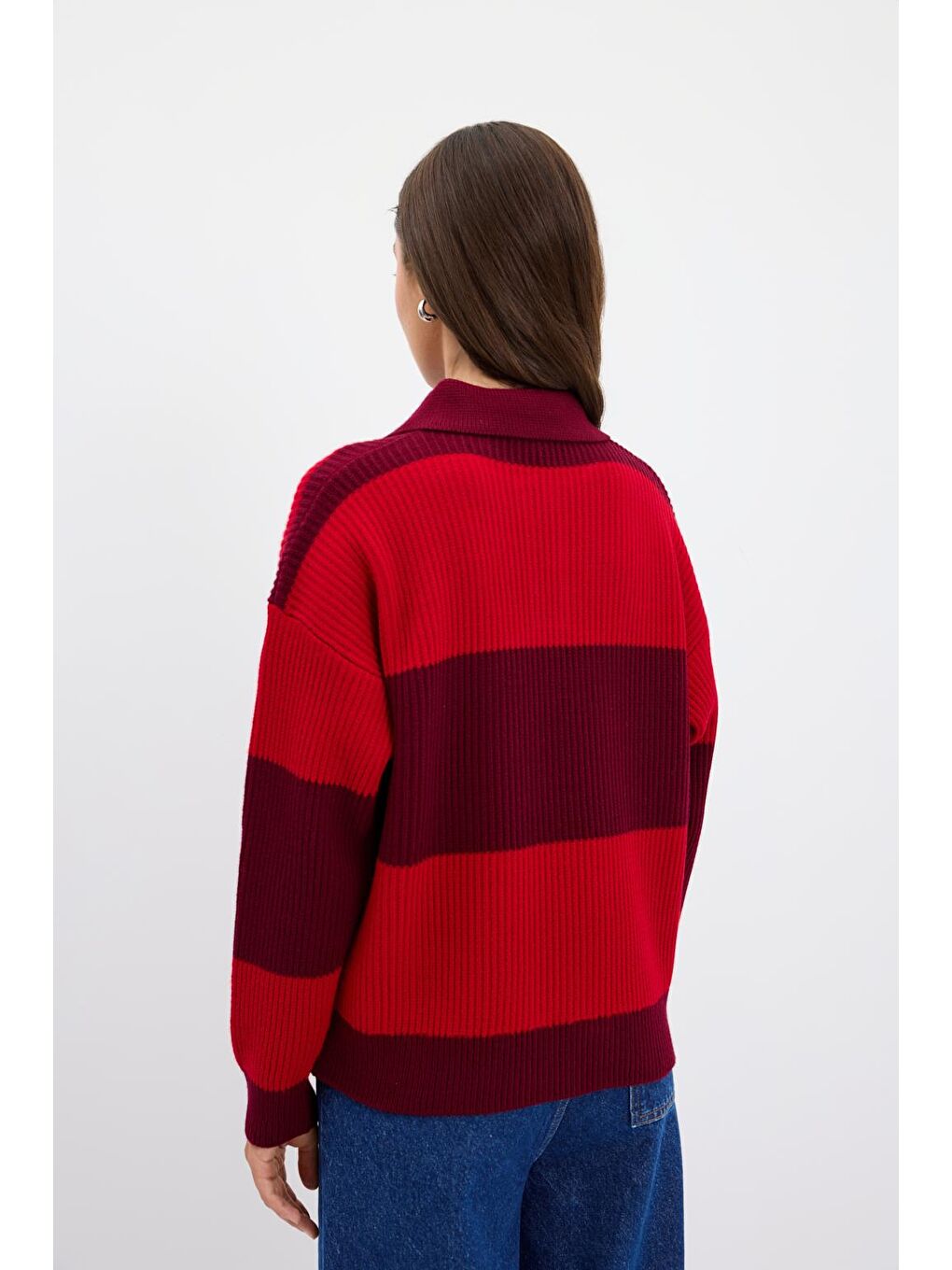 Polo Yaka Çift Renkli Triko Kazak Bordo-4