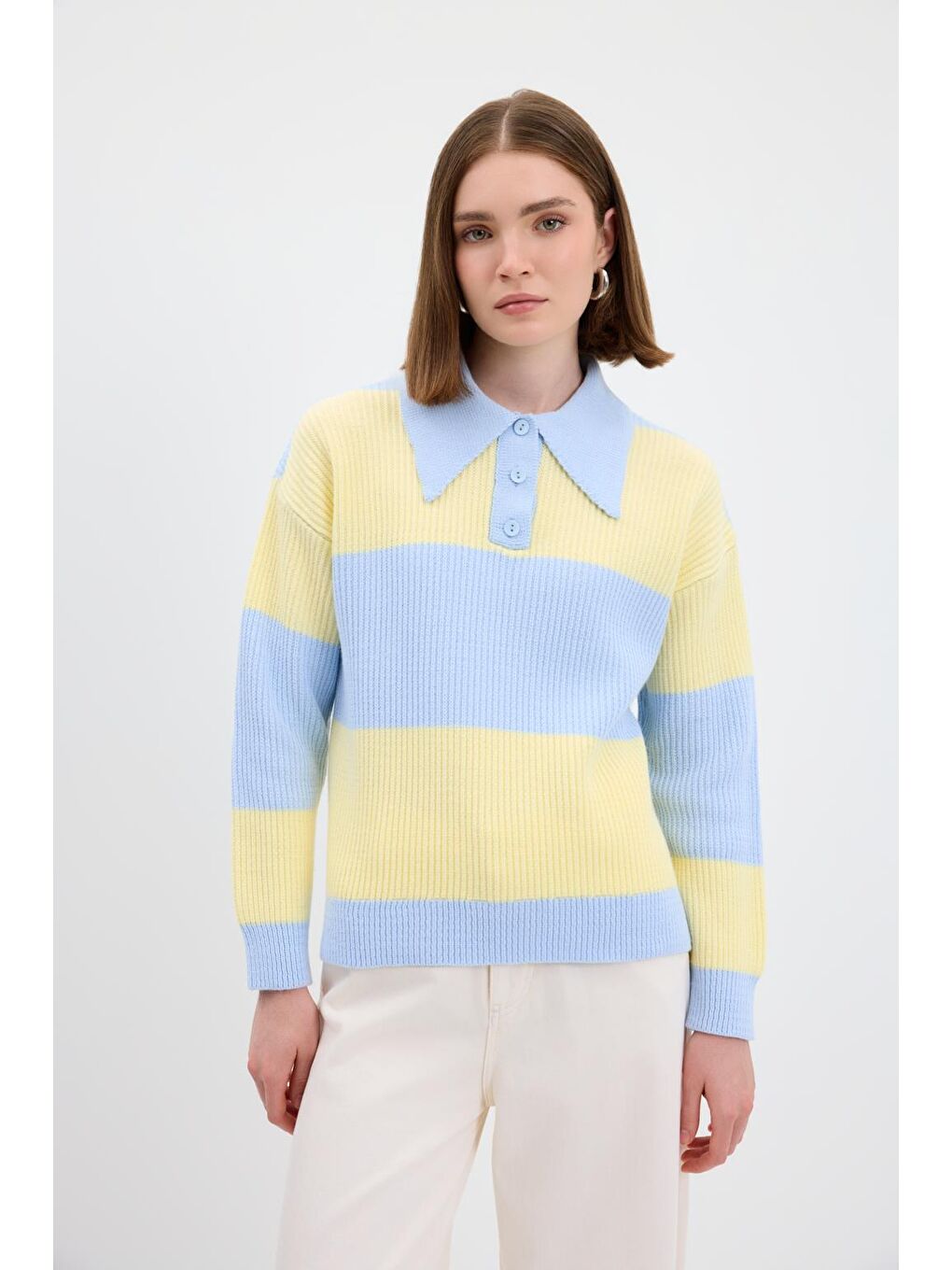 Polo Yaka Çift Renkli Triko Kazak Uçuk Mavi-5