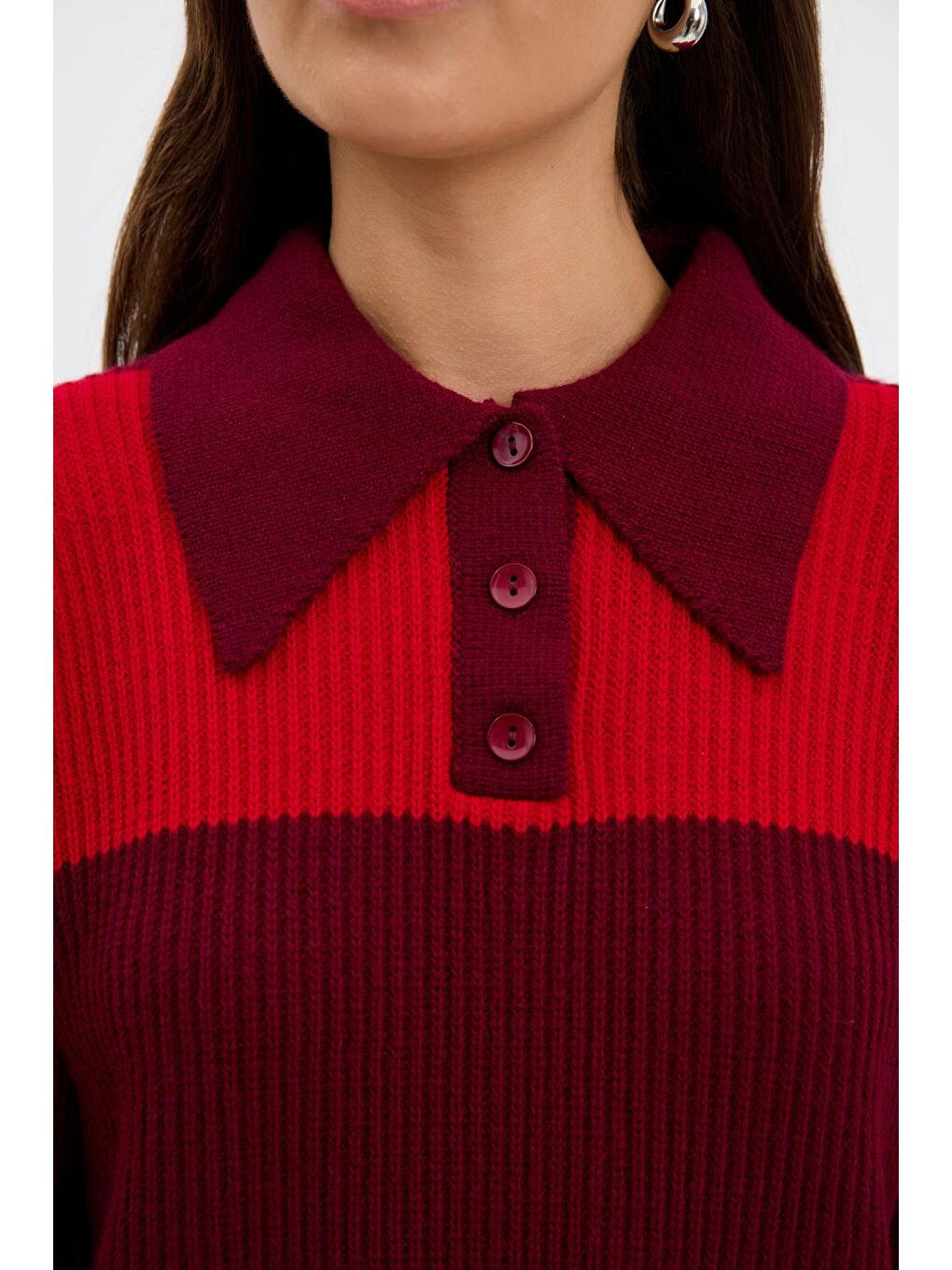 Polo Yaka Çift Renkli Triko Kazak Bordo-5