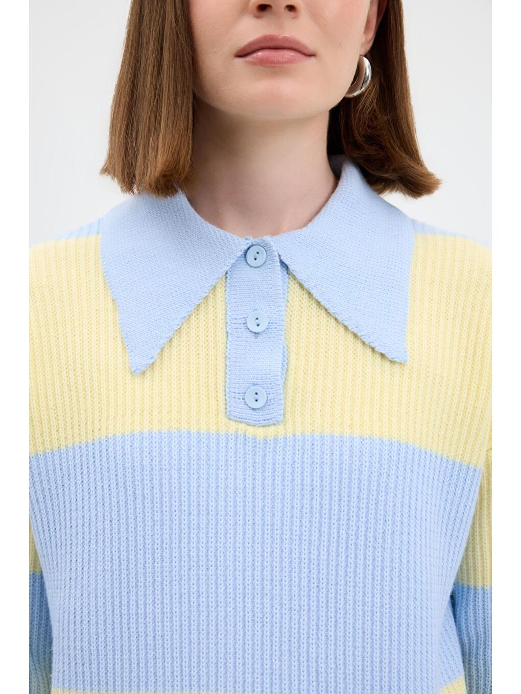 Polo Yaka Çift Renkli Triko Kazak Uçuk Mavi-6