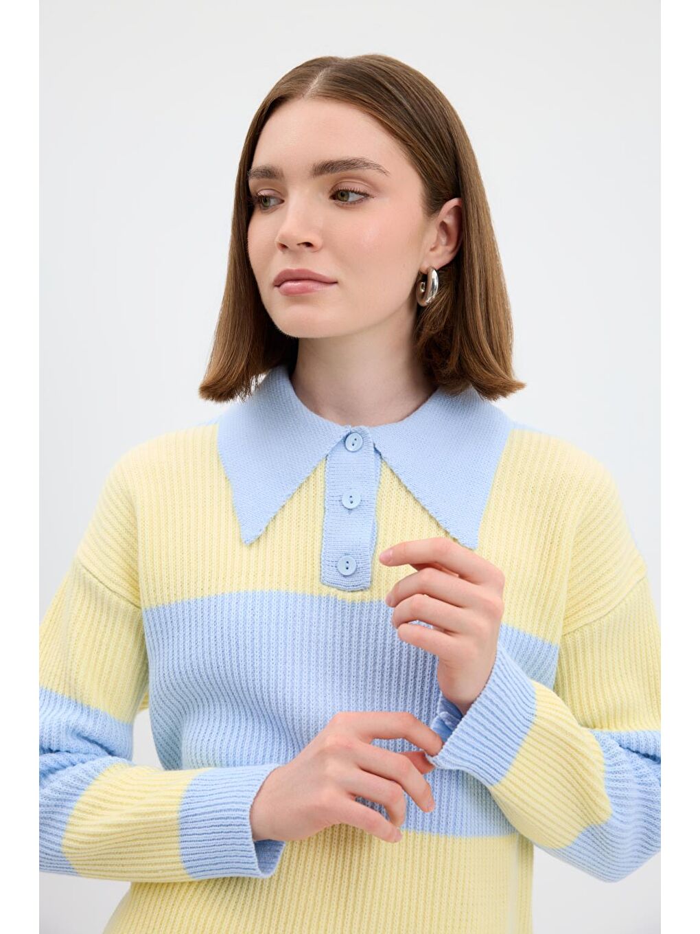 Polo Yaka Çift Renkli Triko Kazak Uçuk Mavi-7