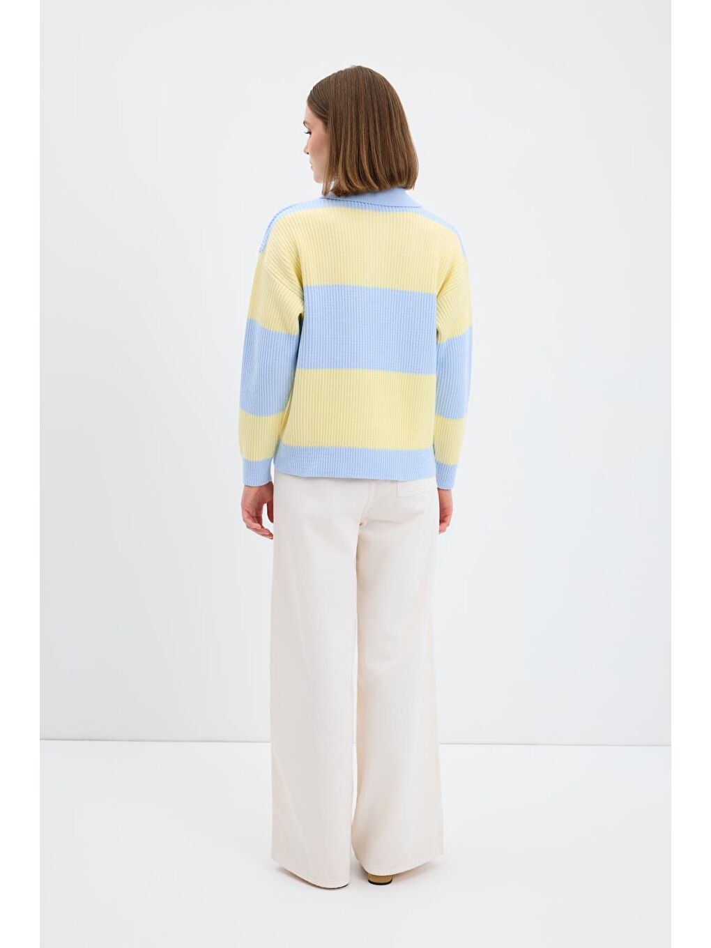 Polo Yaka Çift Renkli Triko Kazak Uçuk Mavi-9