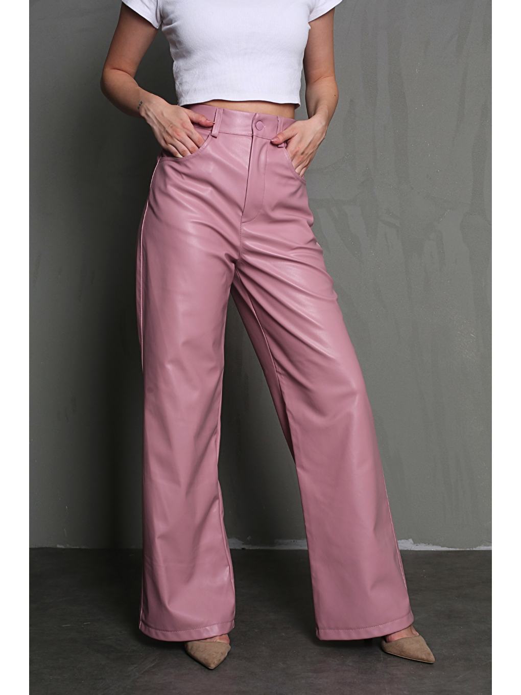 Pembe Siyah Deri Pantolon-1
