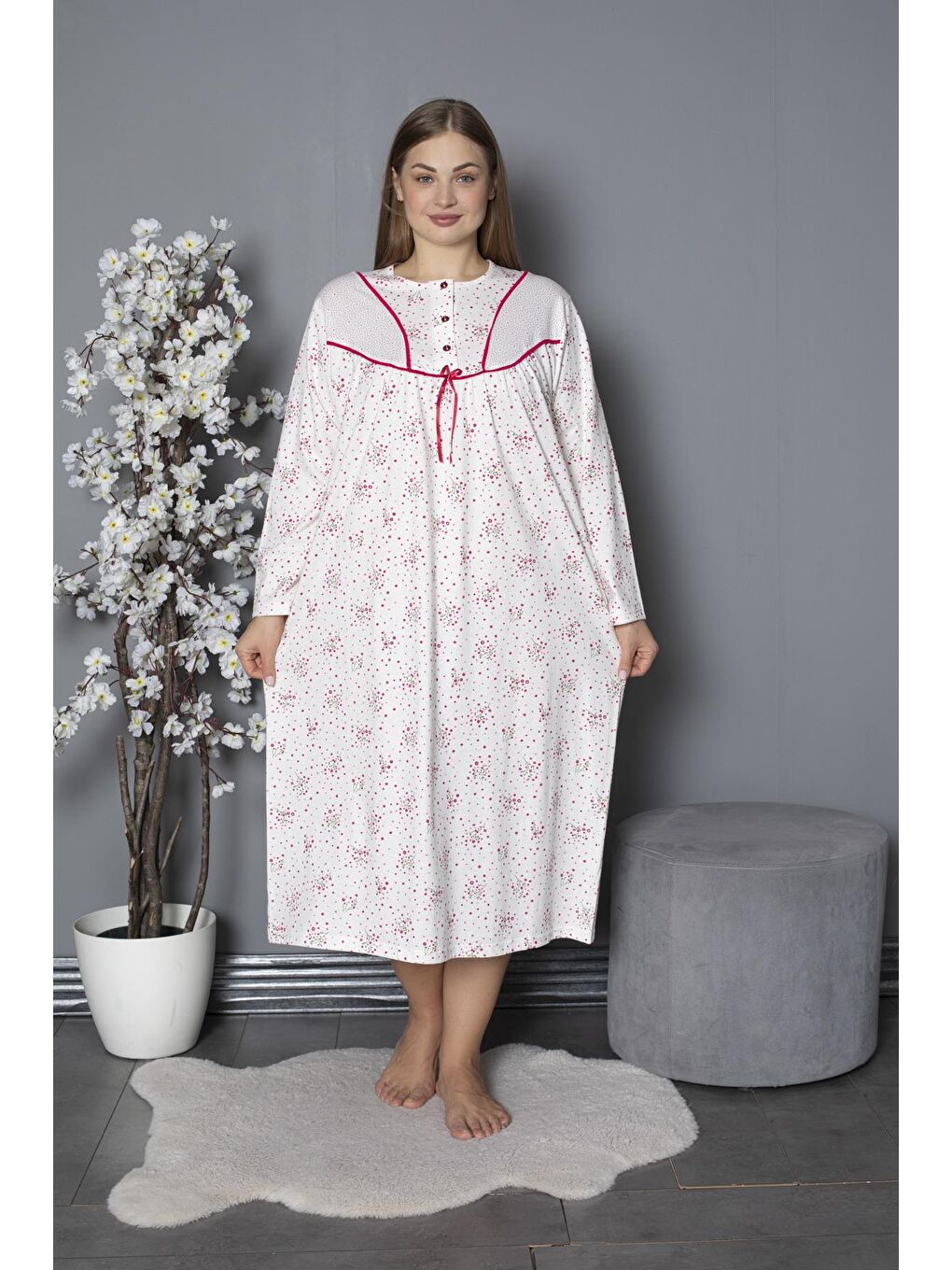 Fuşya %100 Pamuklu Mevsimlik Penye Uzun Kollu Büyük Beden Anne Geceliği 580