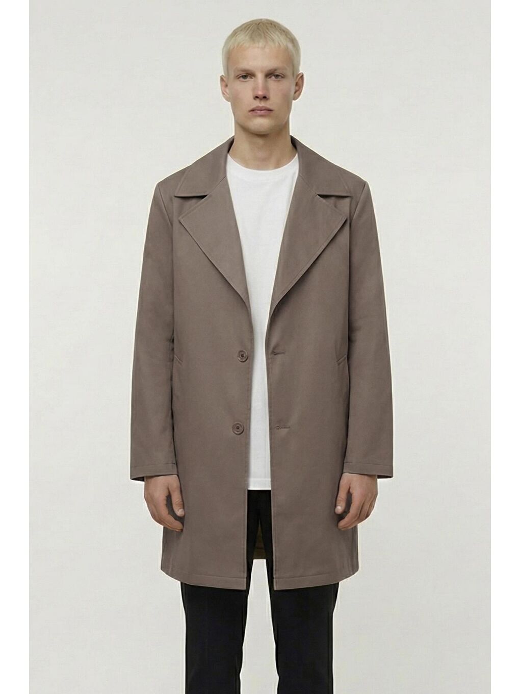 Kahverengi Erkek Kahve Geniş Kesim Oversize Fit Pamuklu Dokuma Yan Cepli Orta Boy Ceket Yaka Trençkot