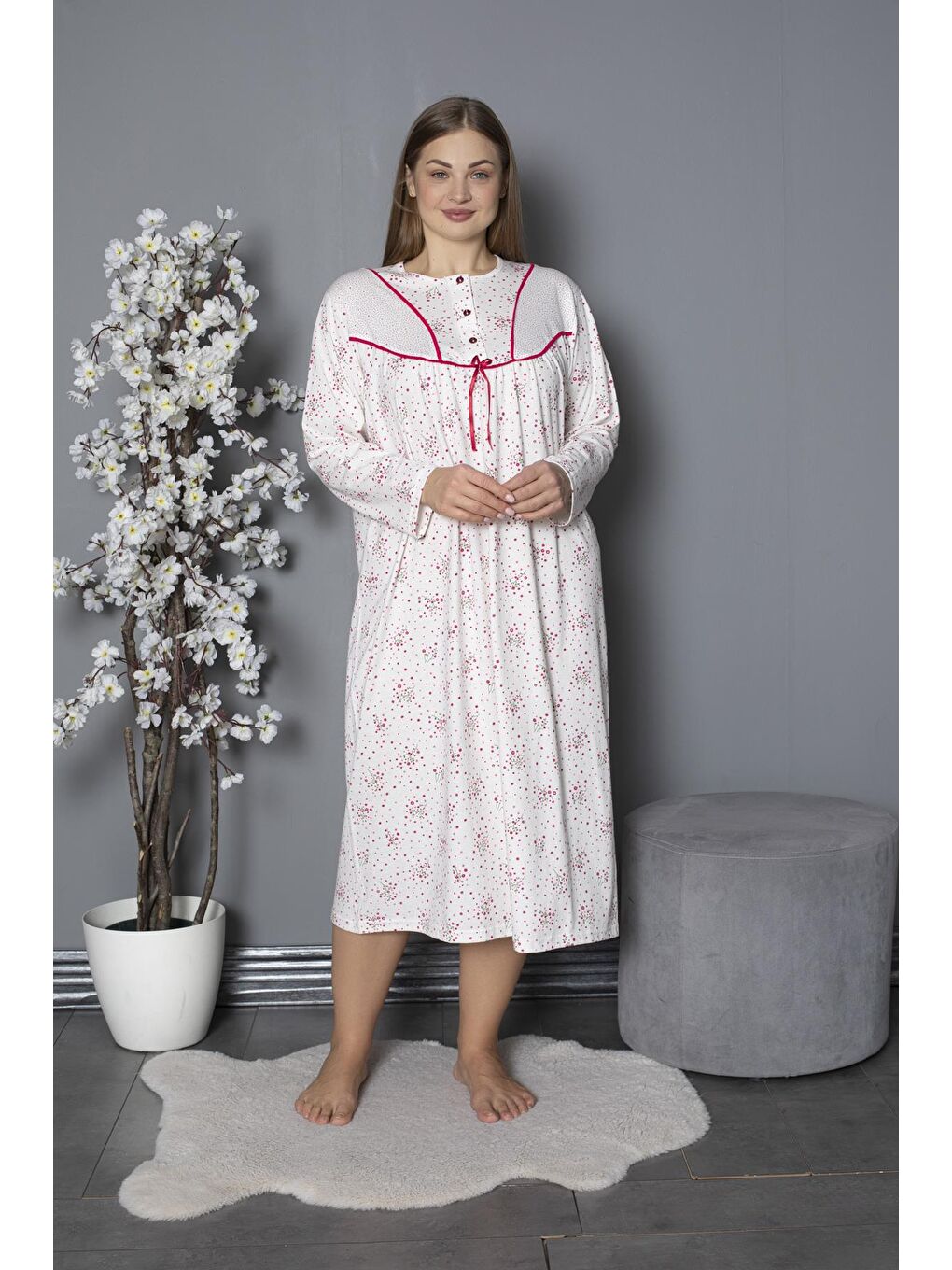 Fuşya %100 Pamuklu Mevsimlik Penye Uzun Kollu Büyük Beden Anne Geceliği 580-1