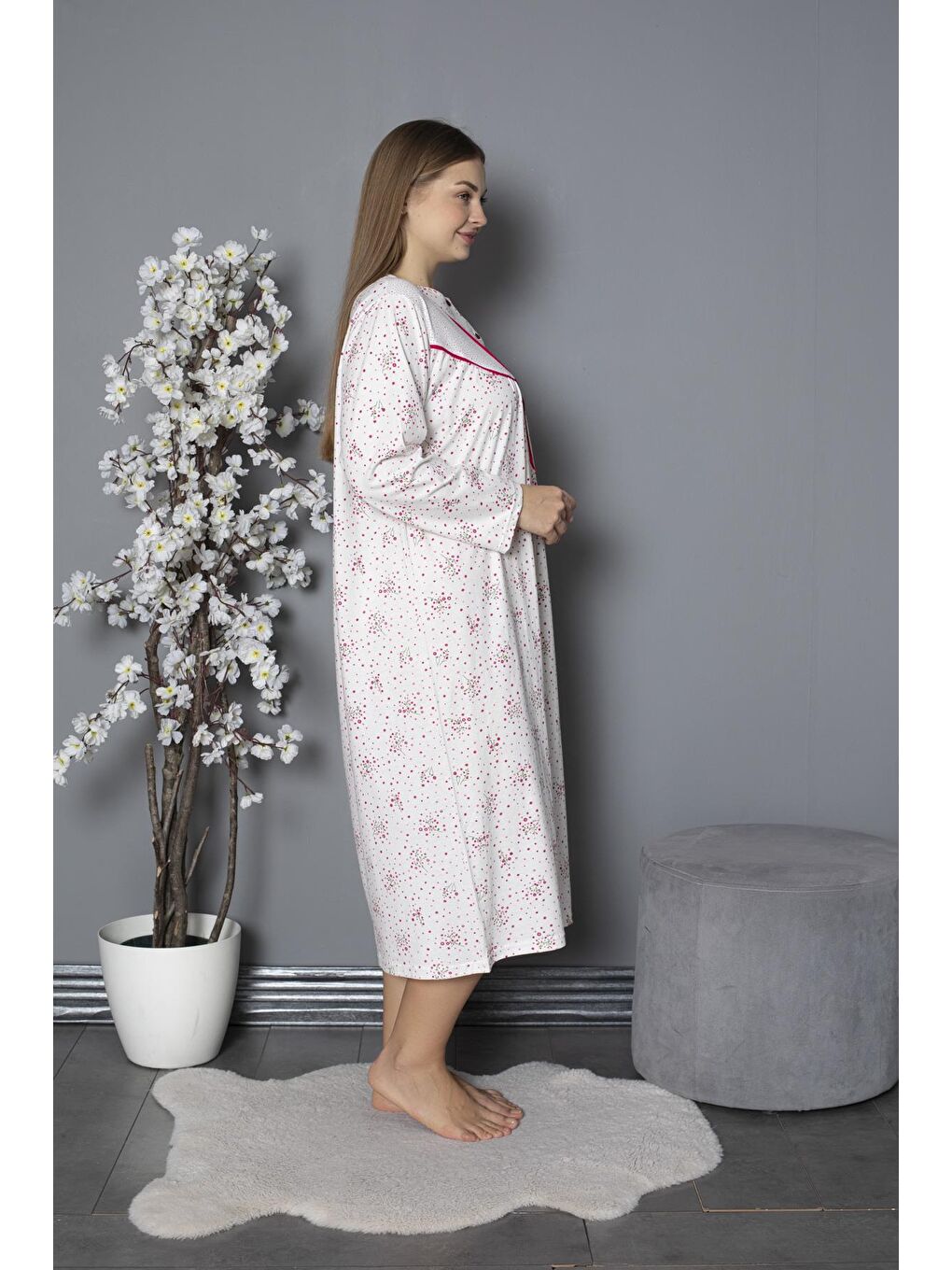 Fuşya %100 Pamuklu Mevsimlik Penye Uzun Kollu Büyük Beden Anne Geceliği 580-2