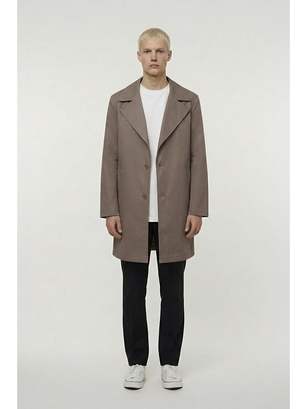 Kahverengi Erkek Kahve Geniş Kesim Oversize Fit Pamuklu Dokuma Yan Cepli Orta Boy Ceket Yaka Trençkot-1