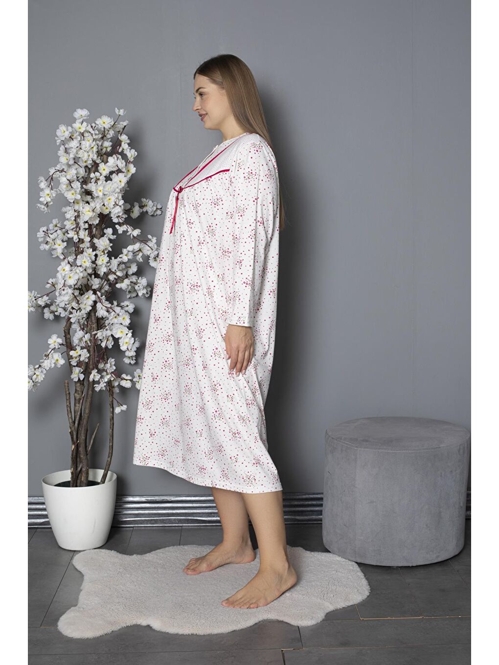 Fuşya %100 Pamuklu Mevsimlik Penye Uzun Kollu Büyük Beden Anne Geceliği 580-3