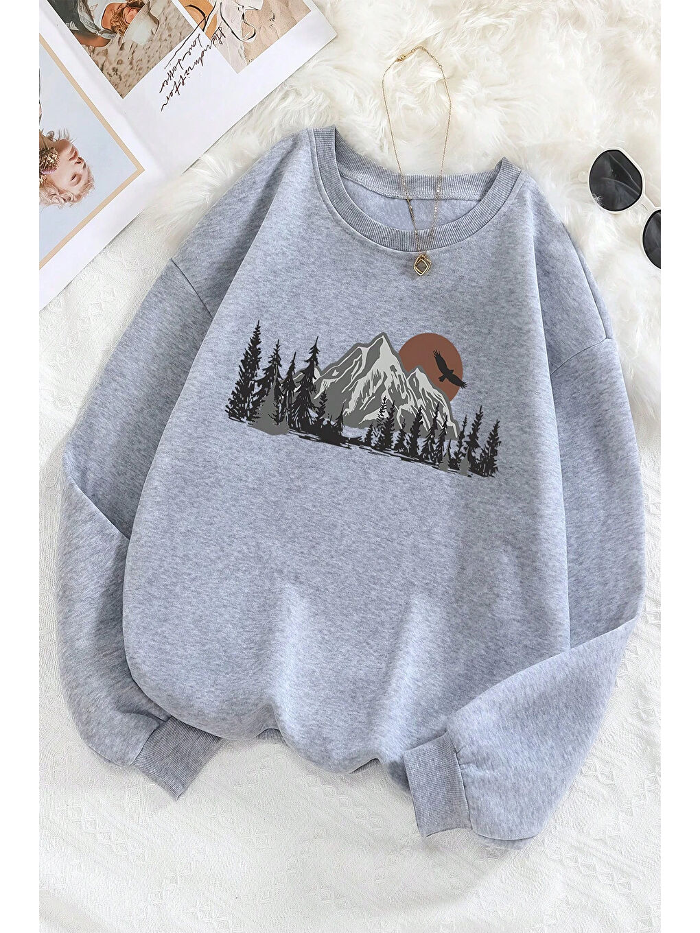 uyguntarz Gri Mountain Baskılı Oversize Sweatshirt