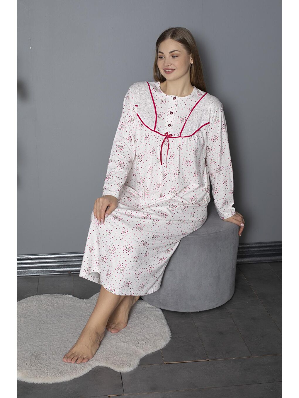 Fuşya %100 Pamuklu Mevsimlik Penye Uzun Kollu Büyük Beden Anne Geceliği 580-4