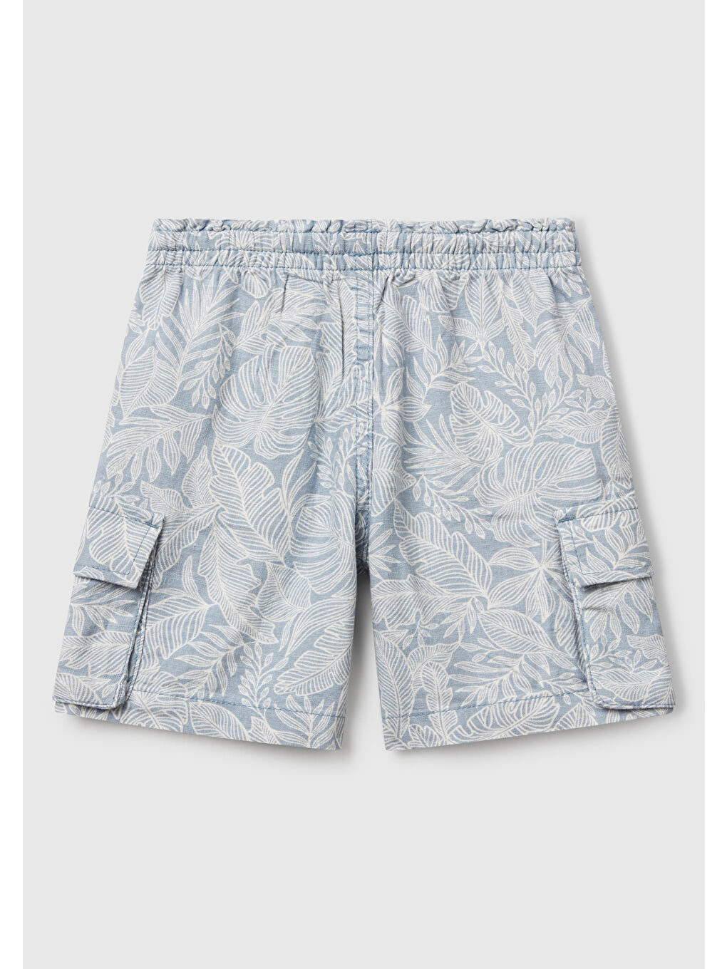 Erkek Çocuk Mavi Keten Karışımlı Tamamı Desenli Büzgü İpli Yanları Cepli Şort-1