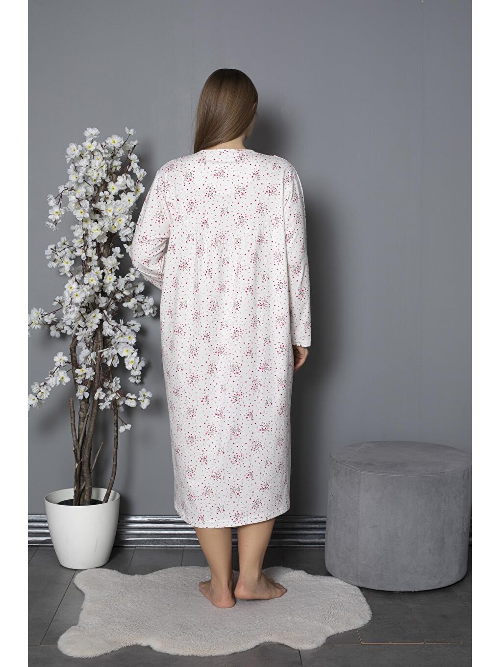 Fuşya %100 Pamuklu Mevsimlik Penye Uzun Kollu Büyük Beden Anne Geceliği 580-5