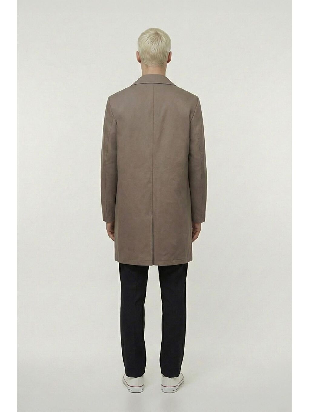 Kahverengi Erkek Kahve Geniş Kesim Oversize Fit Pamuklu Dokuma Yan Cepli Orta Boy Ceket Yaka Trençkot-3