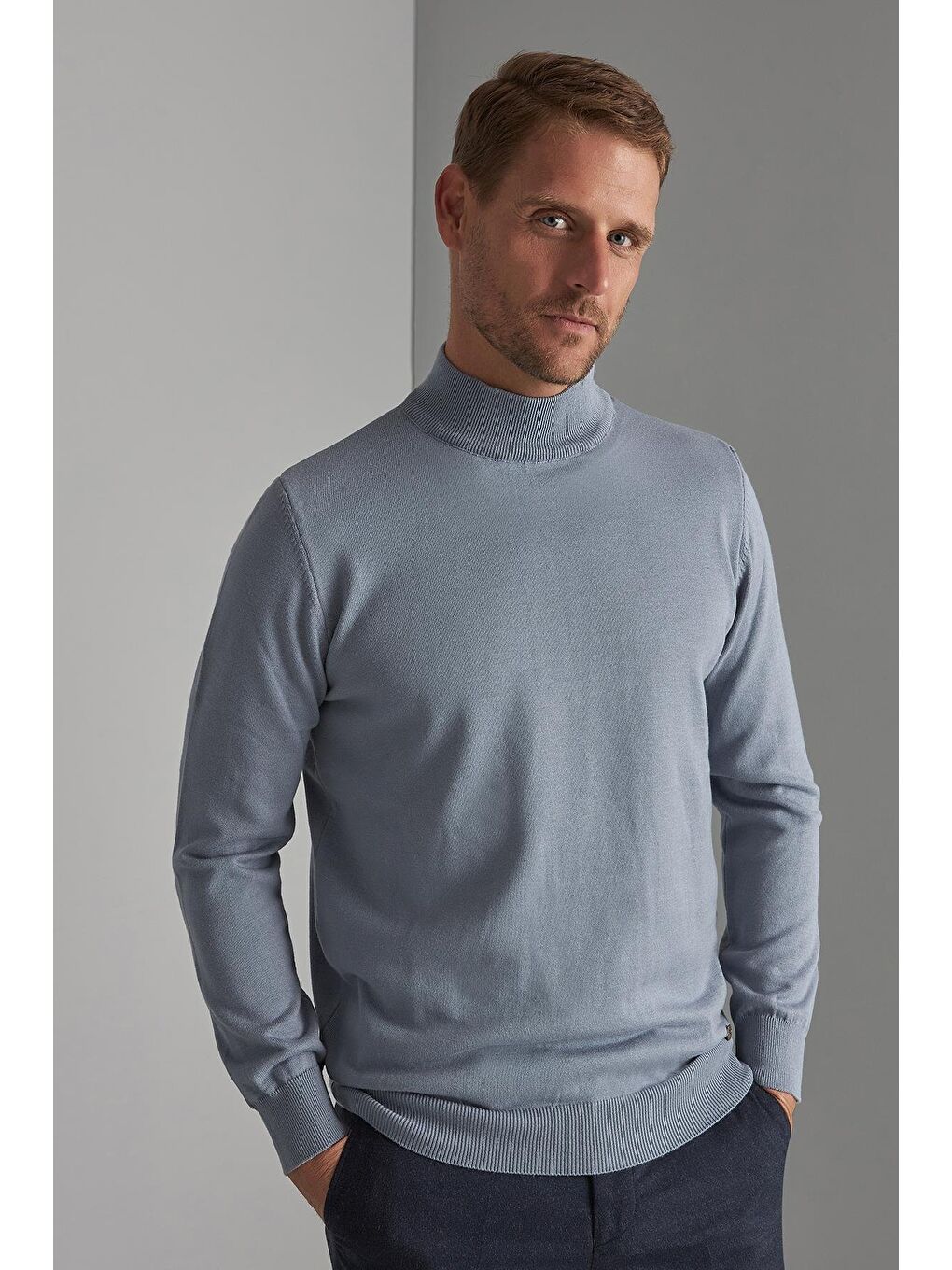 Mavi İndigo Dar Kalıp Yarım Balıkçı Düz Uzun Kollu Triko