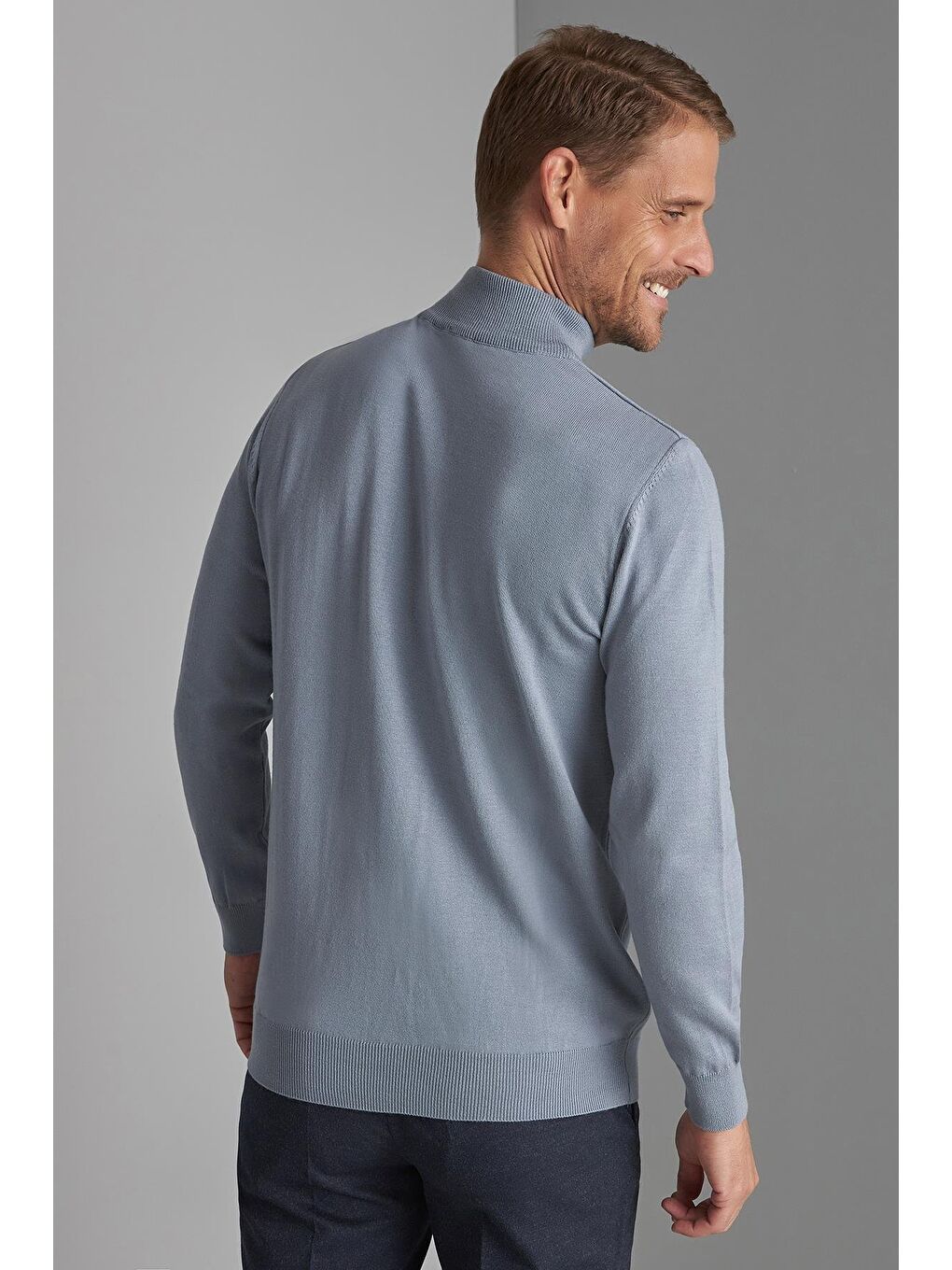 Mavi İndigo Dar Kalıp Yarım Balıkçı Düz Uzun Kollu Triko-2