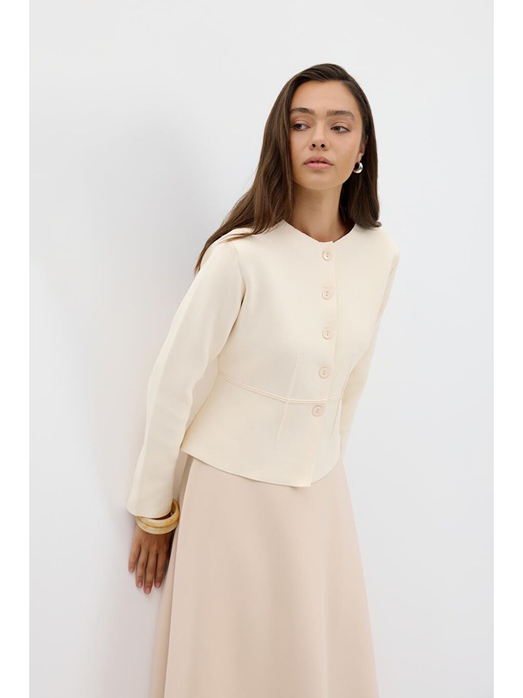 Ekru Mini Pensli Triko Ceket Kemik
