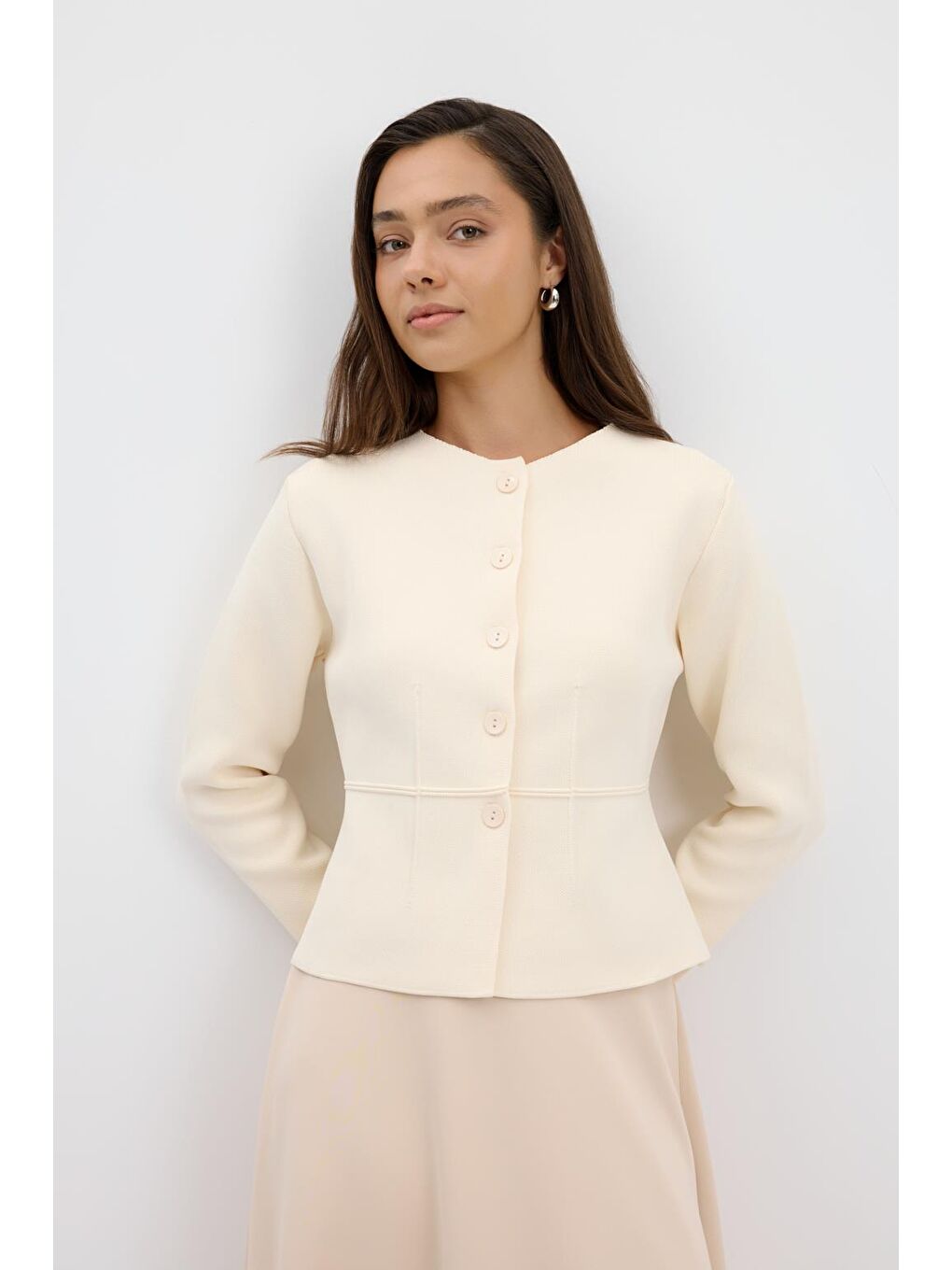 Ekru Mini Pensli Triko Ceket Kemik-2
