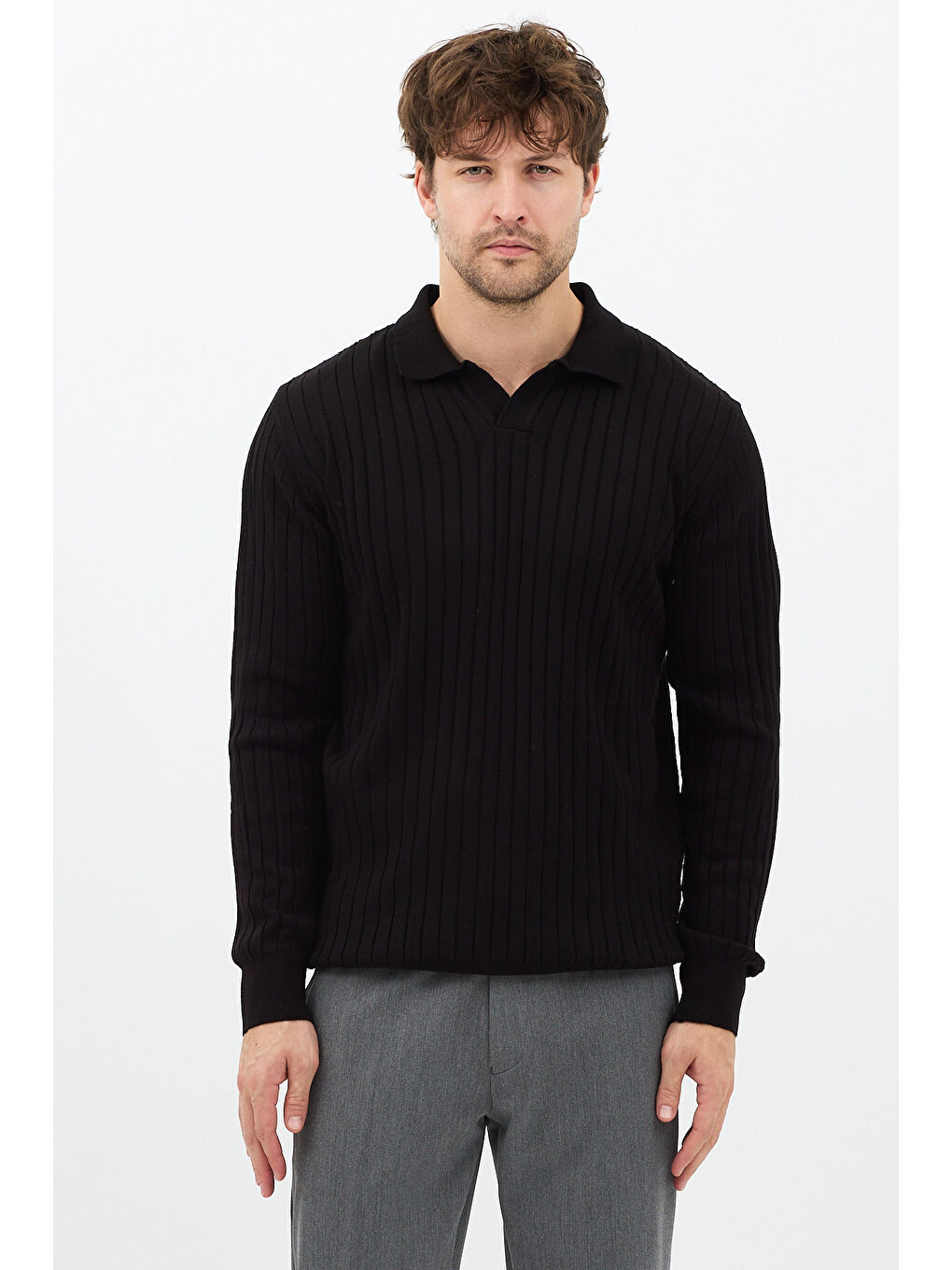 Siyah Erkek Polo Yaka Fitilli Triko Kazak