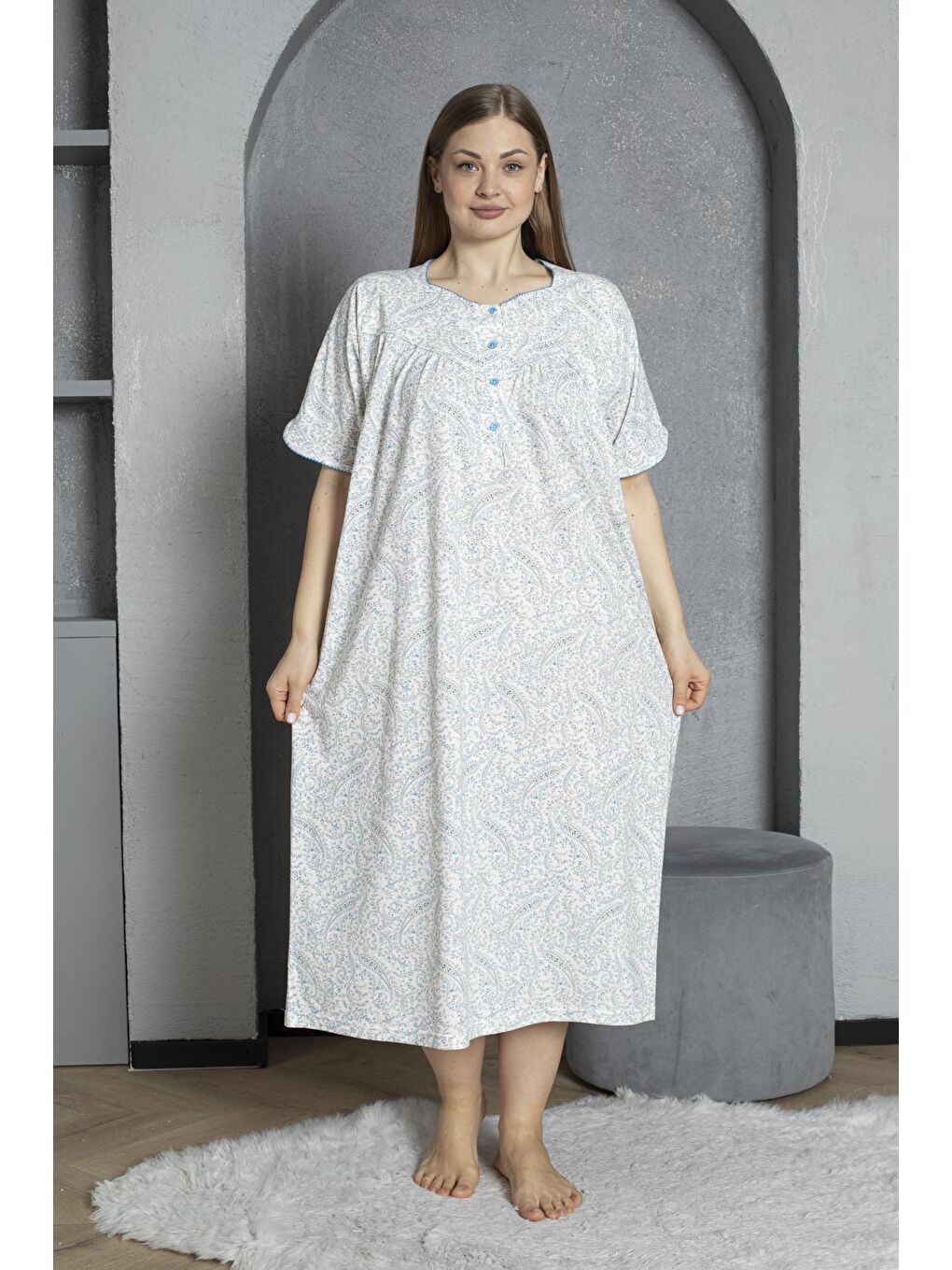 Mavi Düğmeli Yaka Kısa Kol %100 Pamuklu Penye Büyük Beden Anne Geceliği 832