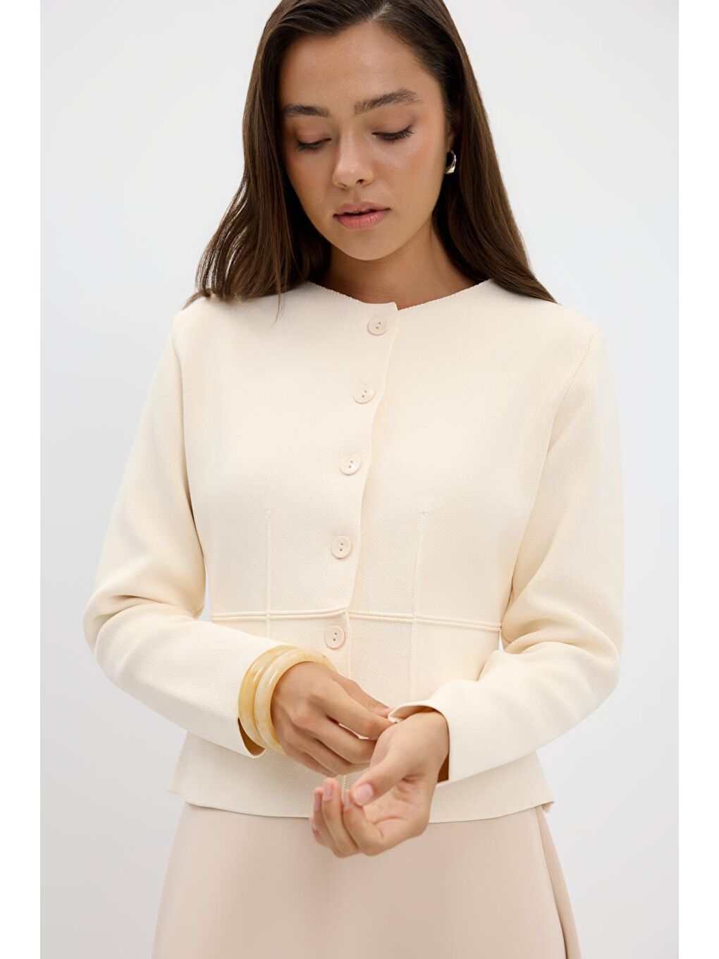 Ekru Mini Pensli Triko Ceket Kemik-3