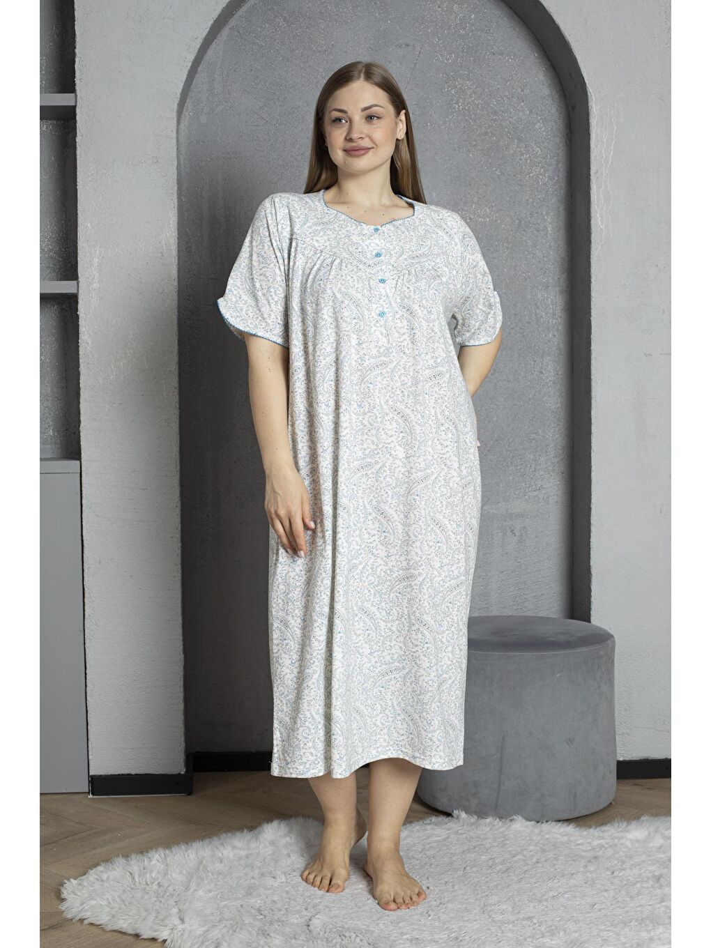 Mavi Düğmeli Yaka Kısa Kol %100 Pamuklu Penye Büyük Beden Anne Geceliği 832-1