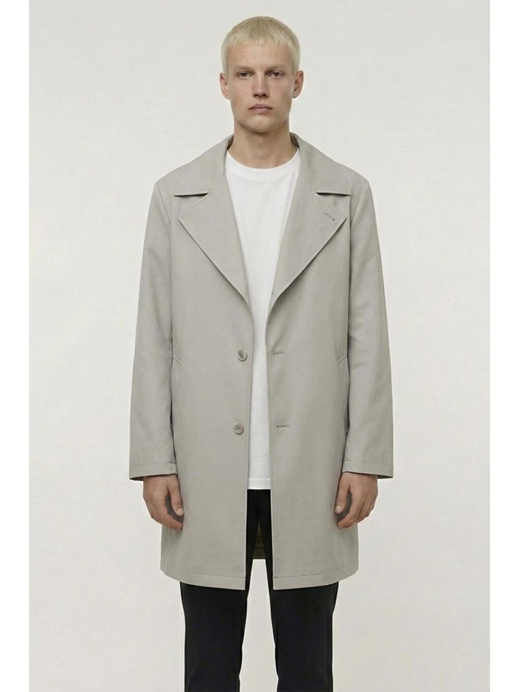 Erkek Bej Geniş Kesim Oversize Fit Pamuklu Dokuma Yan Cepli Orta Boy Ceket Yaka Trençkot-0