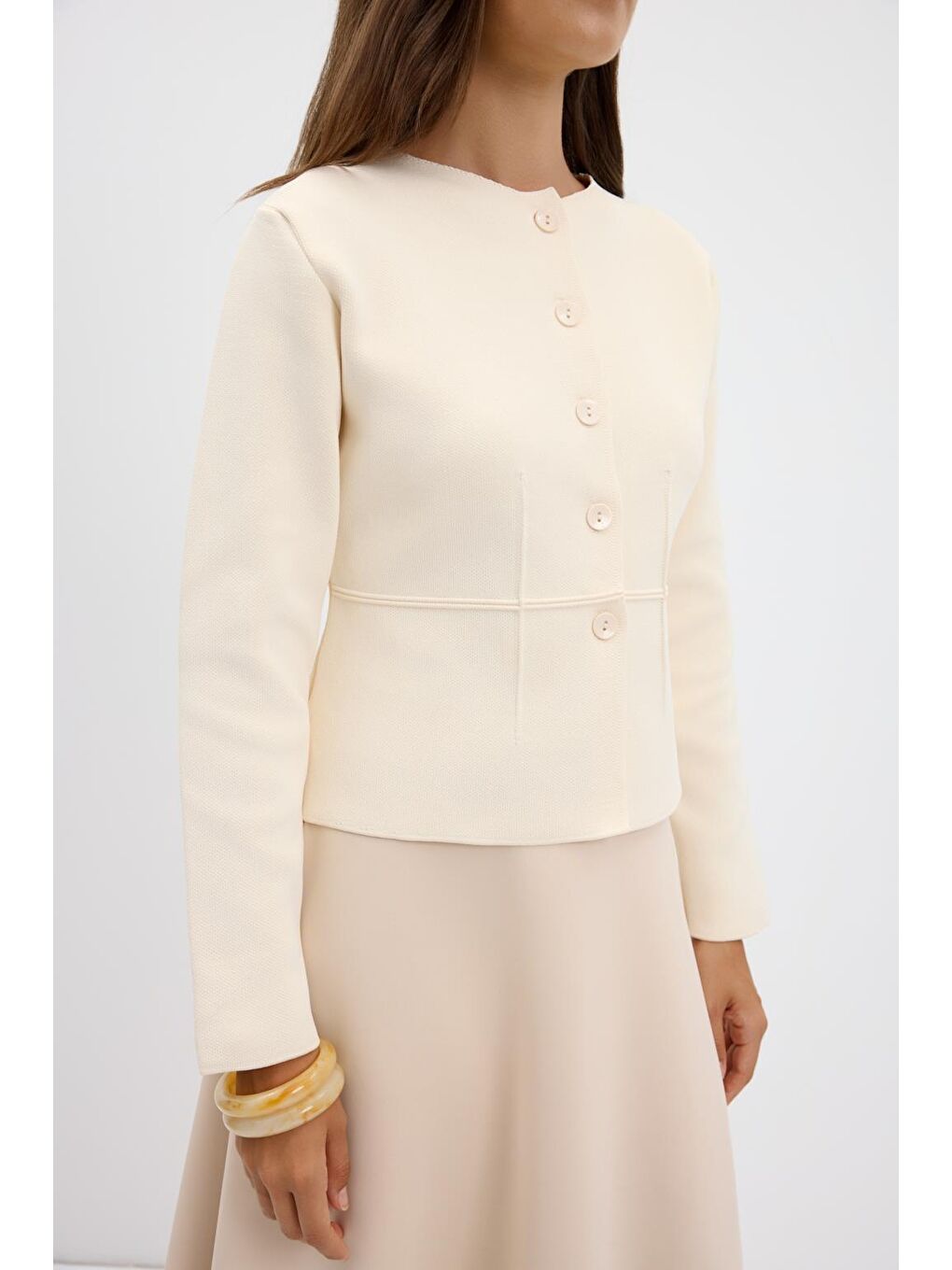 Ekru Mini Pensli Triko Ceket Kemik-4