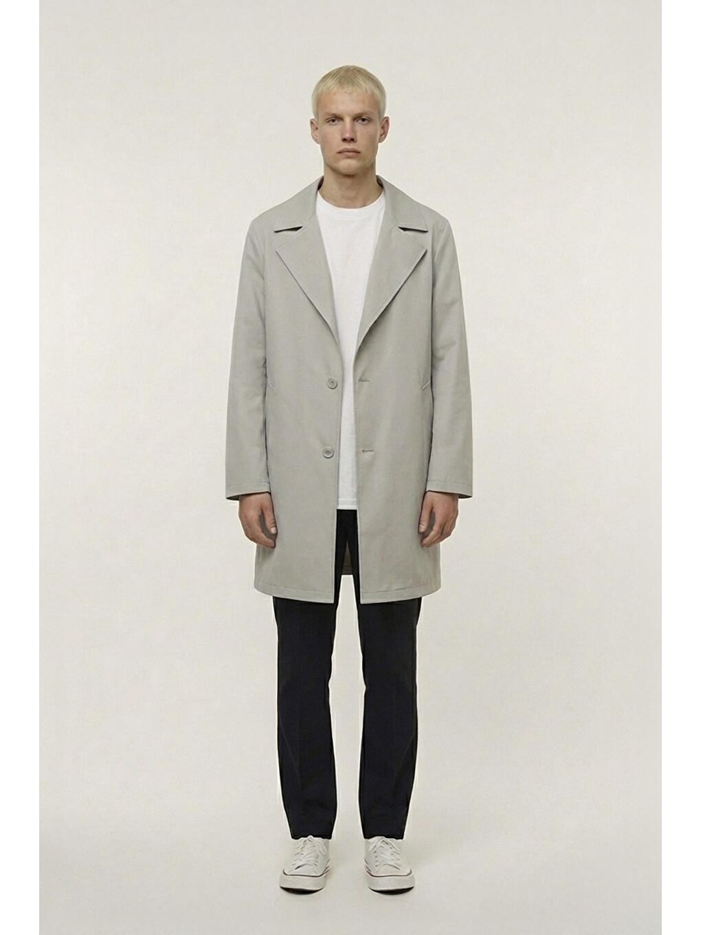 Erkek Bej Geniş Kesim Oversize Fit Pamuklu Dokuma Yan Cepli Orta Boy Ceket Yaka Trençkot-1