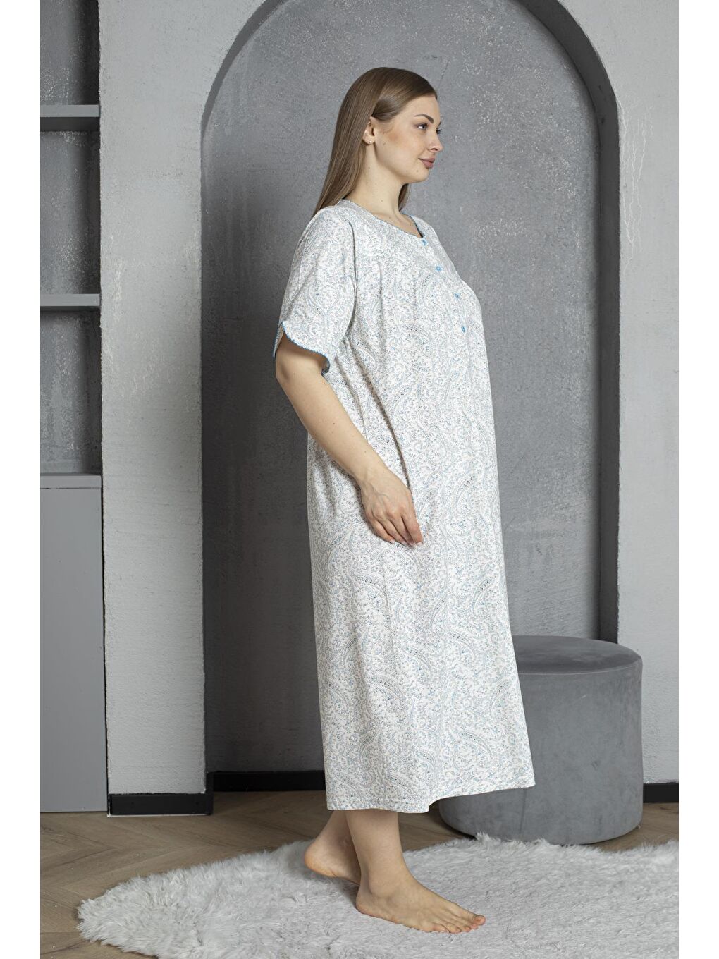 Mavi Düğmeli Yaka Kısa Kol %100 Pamuklu Penye Büyük Beden Anne Geceliği 832-2