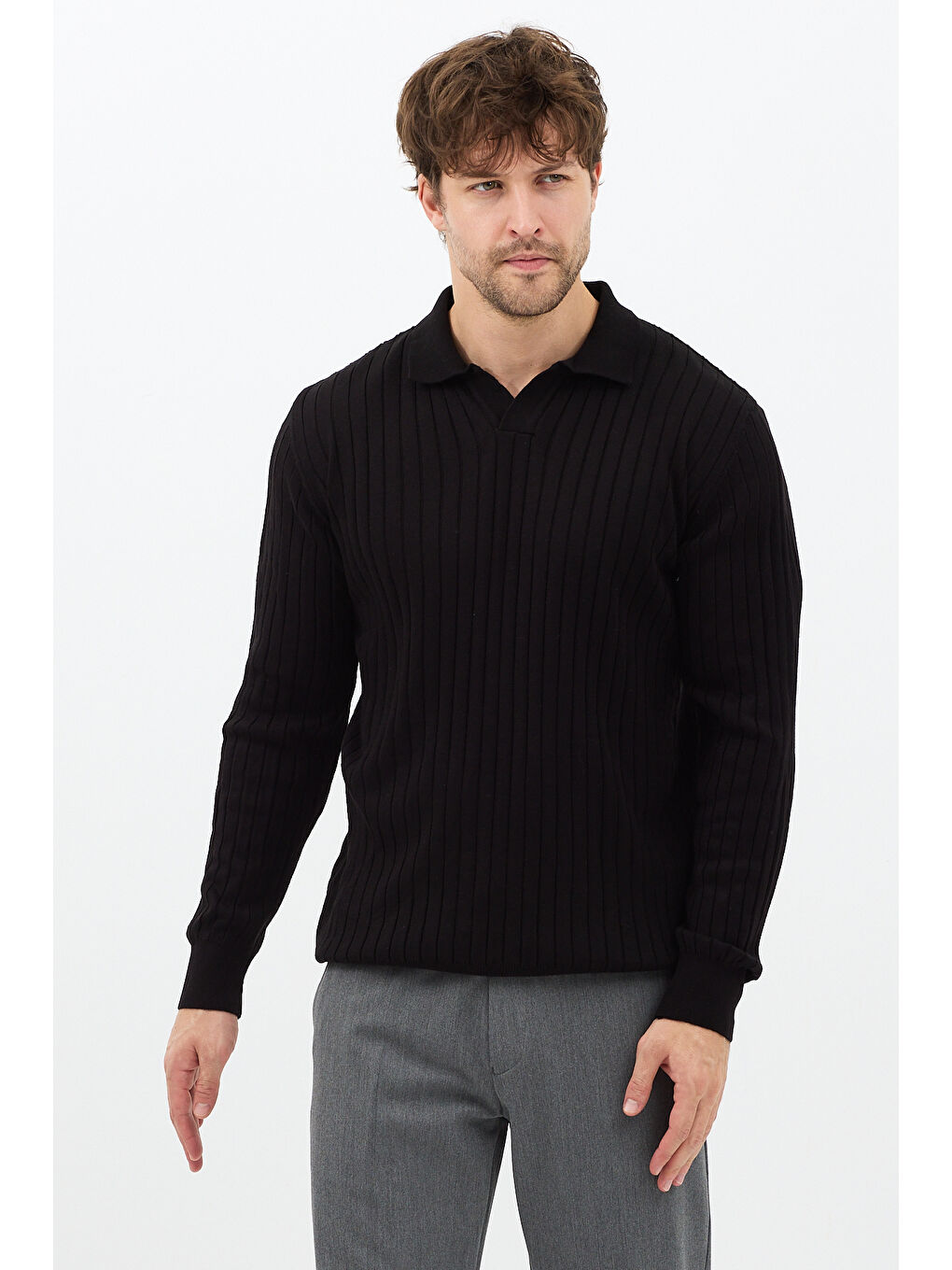 Siyah Erkek Polo Yaka Fitilli Triko Kazak-1