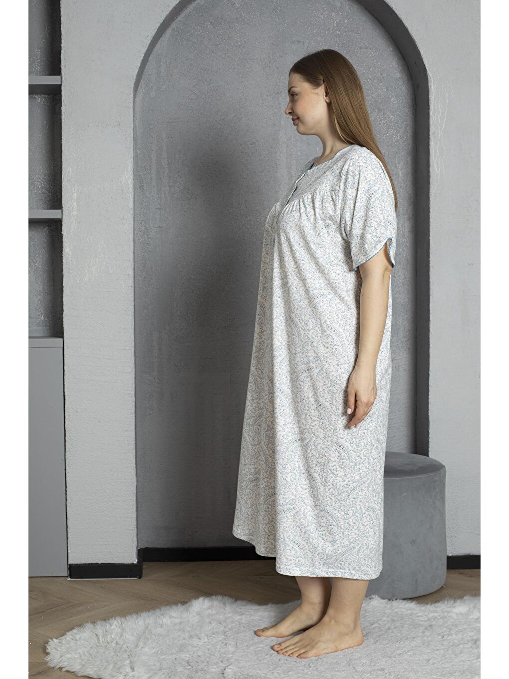 Mavi Düğmeli Yaka Kısa Kol %100 Pamuklu Penye Büyük Beden Anne Geceliği 832-3