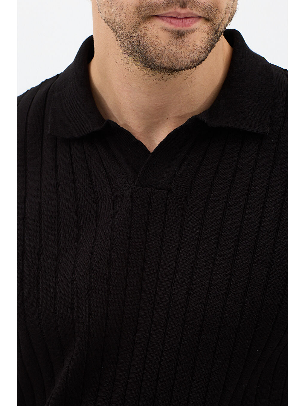 Siyah Erkek Polo Yaka Fitilli Triko Kazak-3