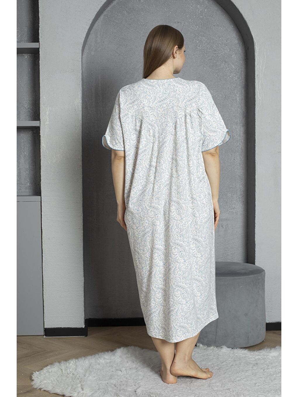 Mavi Düğmeli Yaka Kısa Kol %100 Pamuklu Penye Büyük Beden Anne Geceliği 832-4