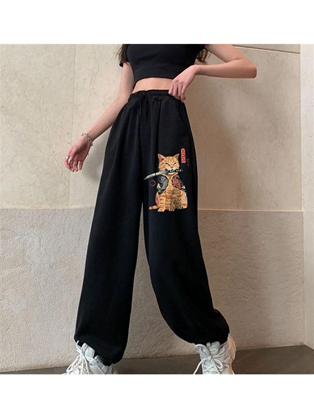 Touz Moda Siyah Killer Cat Baskılı Oversize Unisex Siyah Eşofman Altı