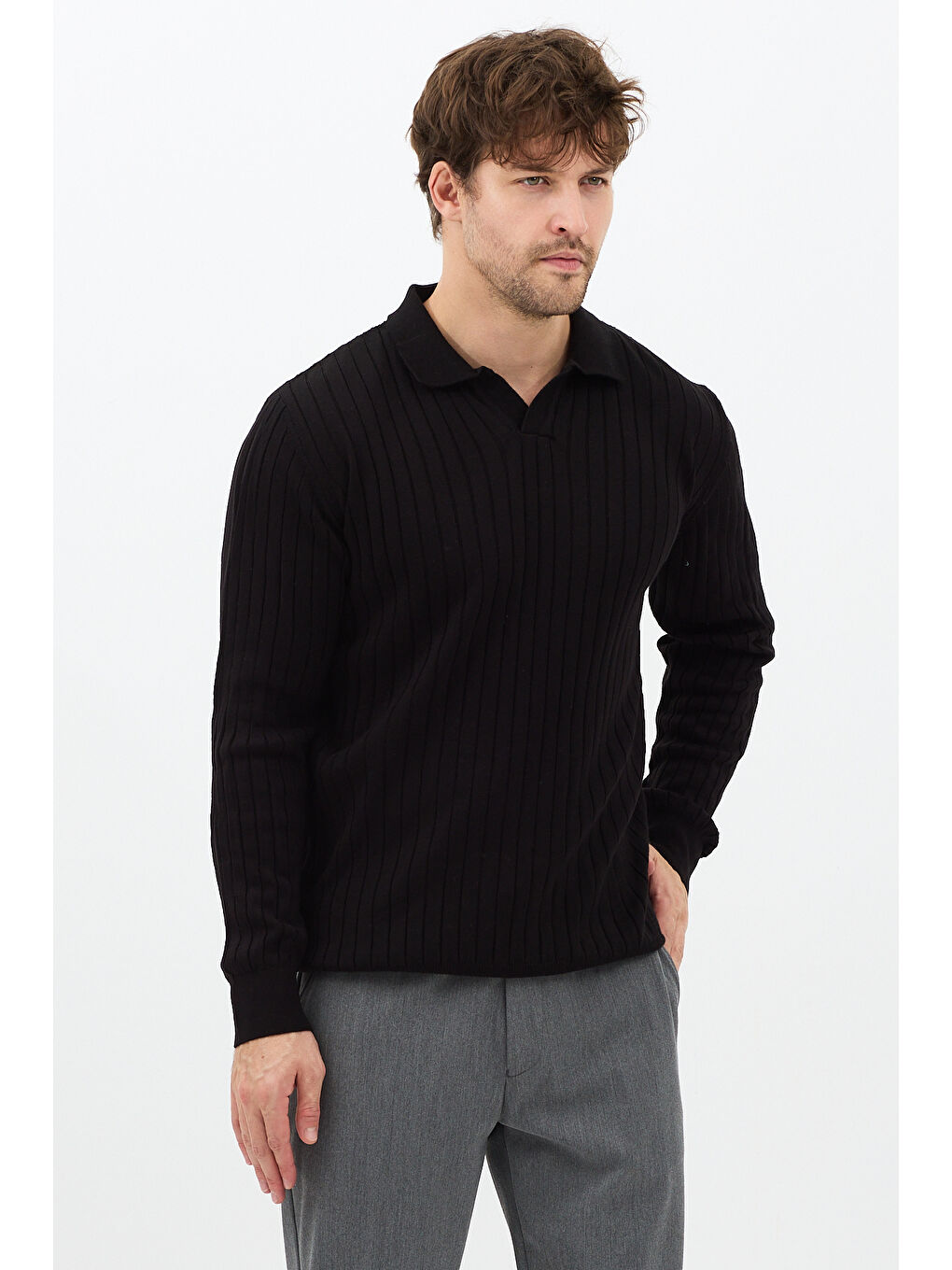 Siyah Erkek Polo Yaka Fitilli Triko Kazak-4