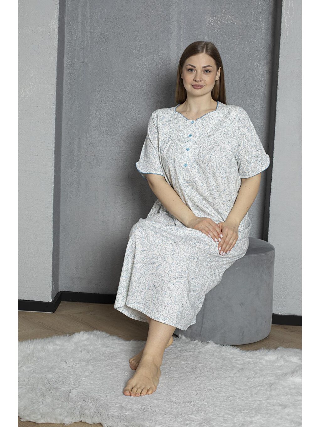 Mavi Düğmeli Yaka Kısa Kol %100 Pamuklu Penye Büyük Beden Anne Geceliği 832-5