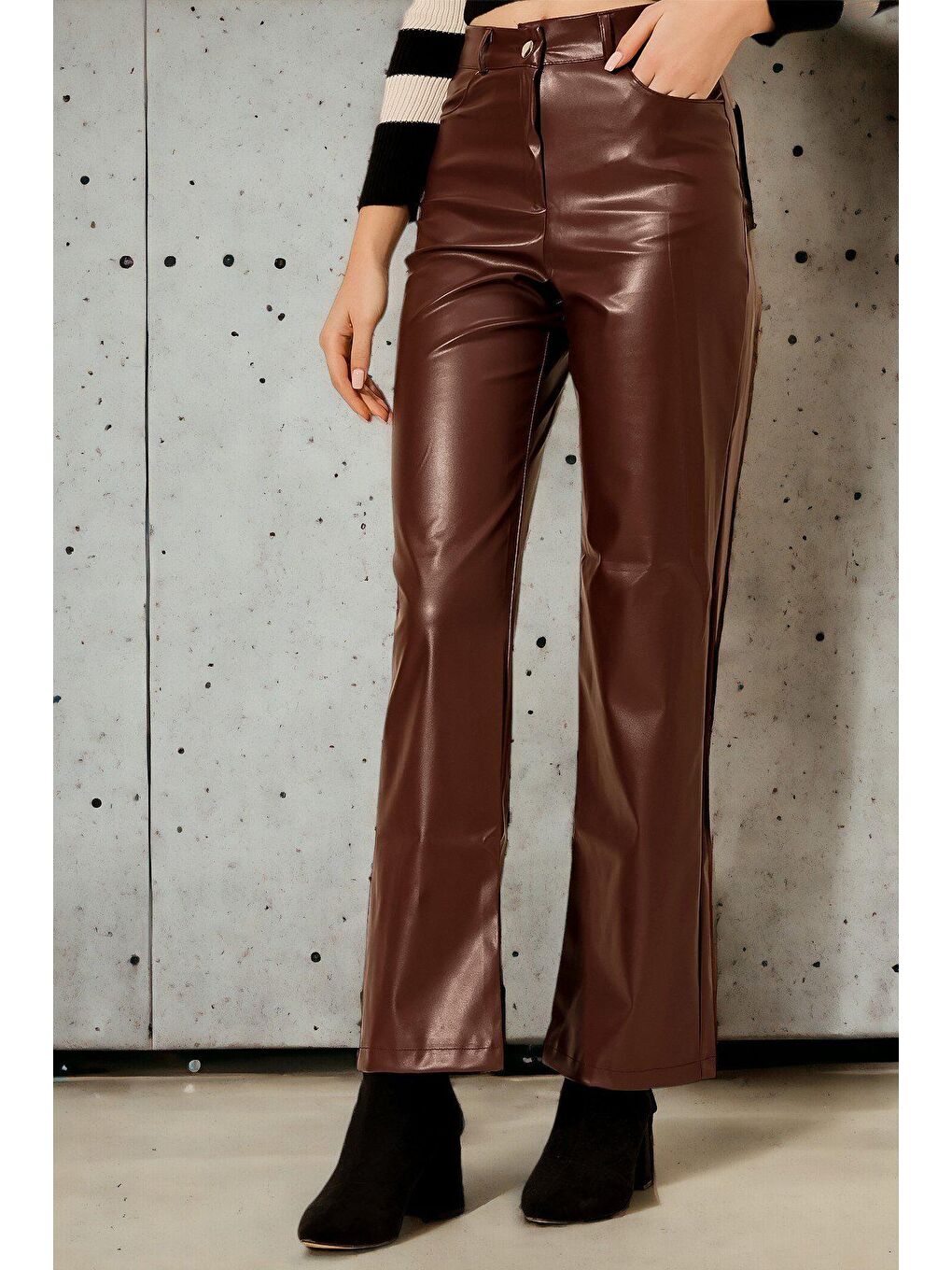 Bordo Yüksel Bel Deri Pantolon-2