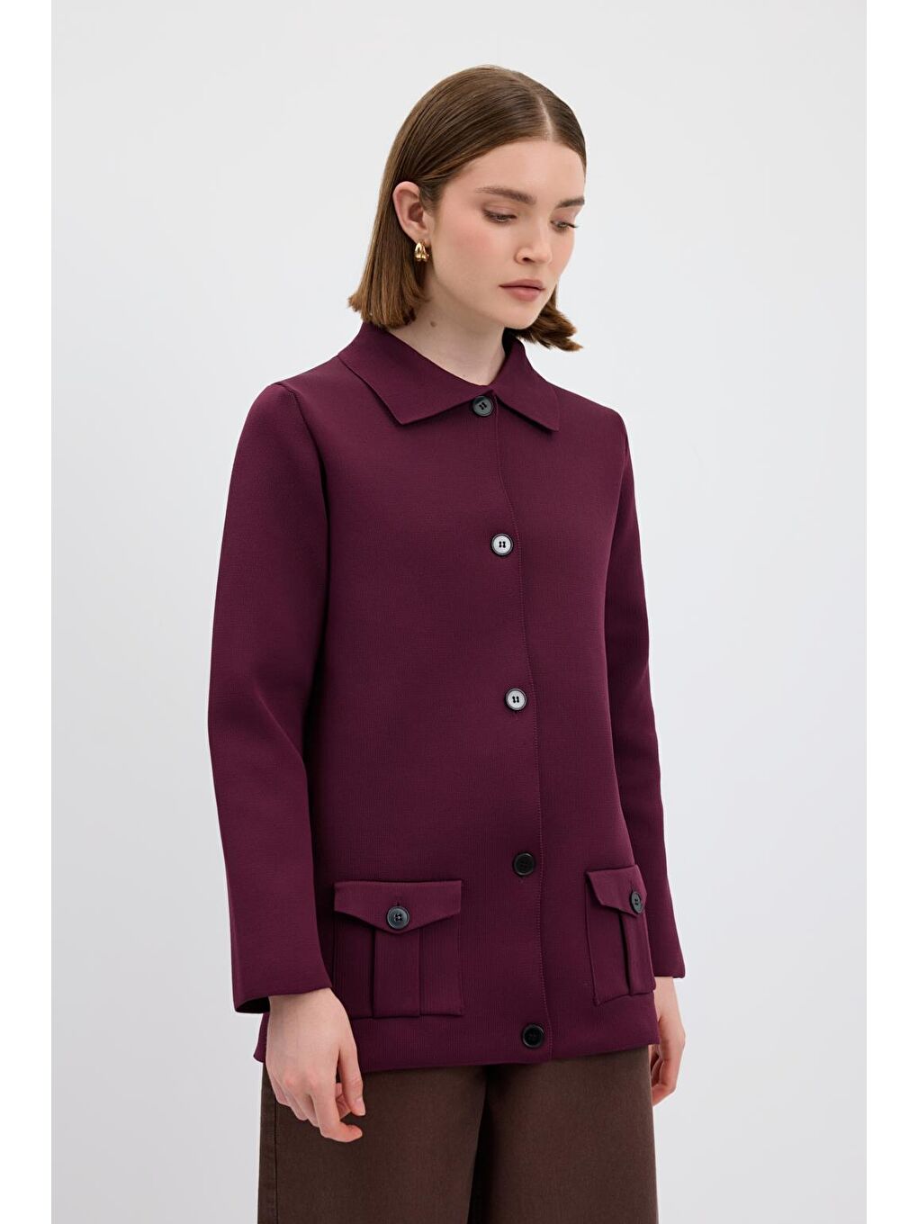 Düz Renk Cepli Triko Hırka Mürdüm-2