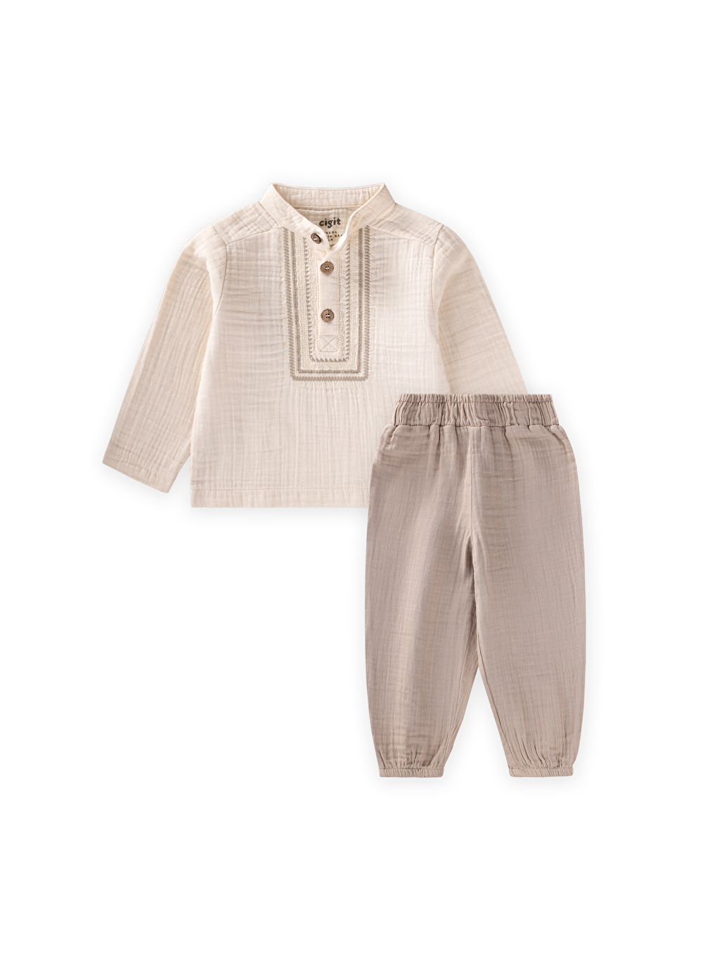 Ekru Organik Nakışlı Müslin Takım 1-7 Yaş Naturel