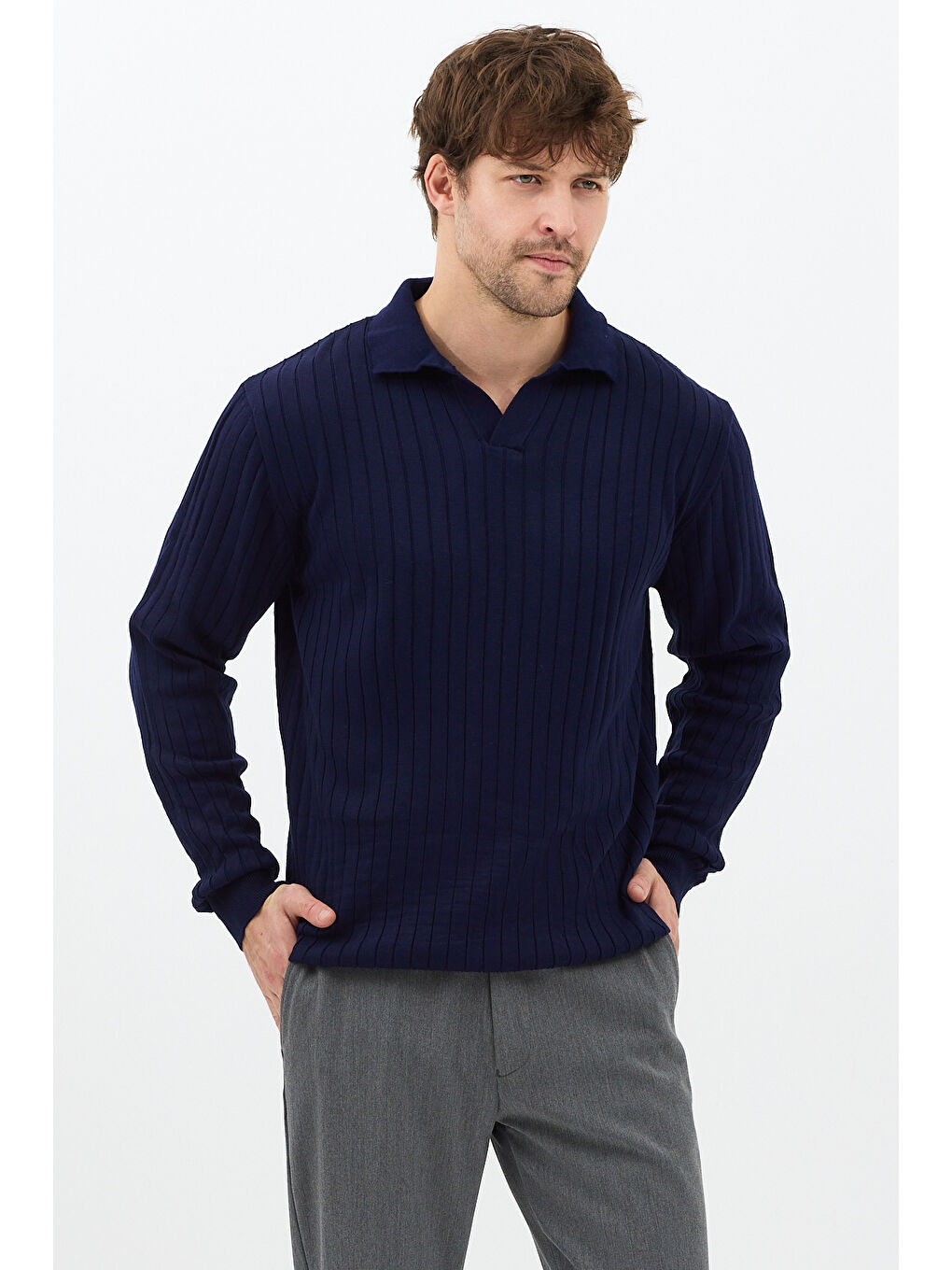 Lacivert Erkek Polo Yaka Fitilli Triko Kazak