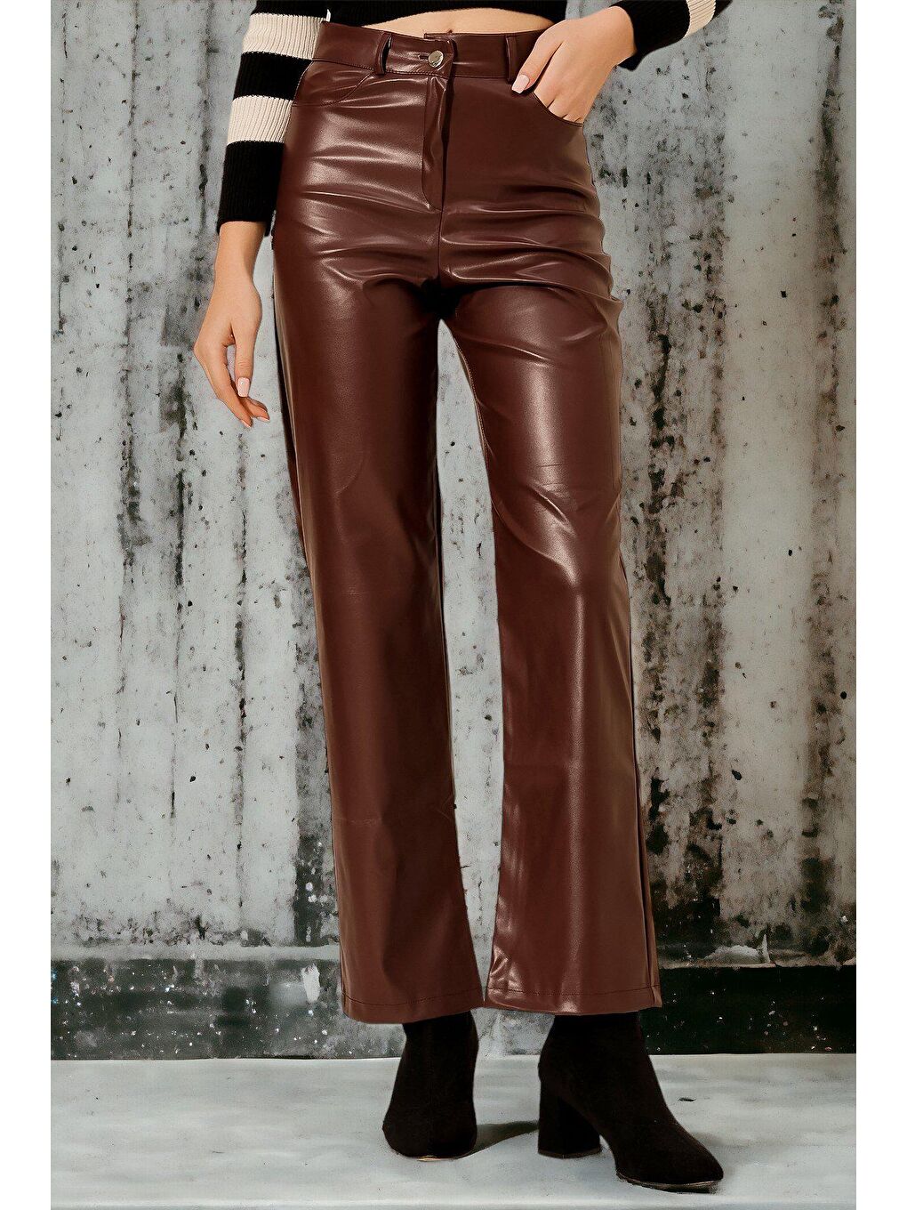 Bordo Yüksel Bel Deri Pantolon-3