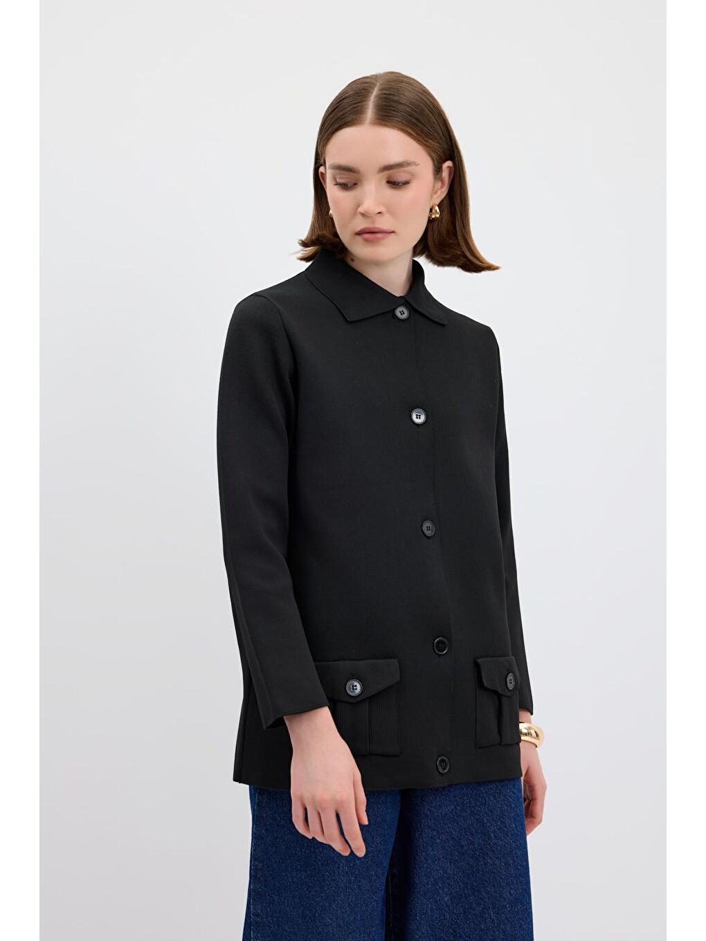 Düz Renk Cepli Triko Hırka Siyah