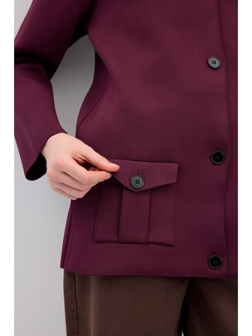 Düz Renk Cepli Triko Hırka Mürdüm-4