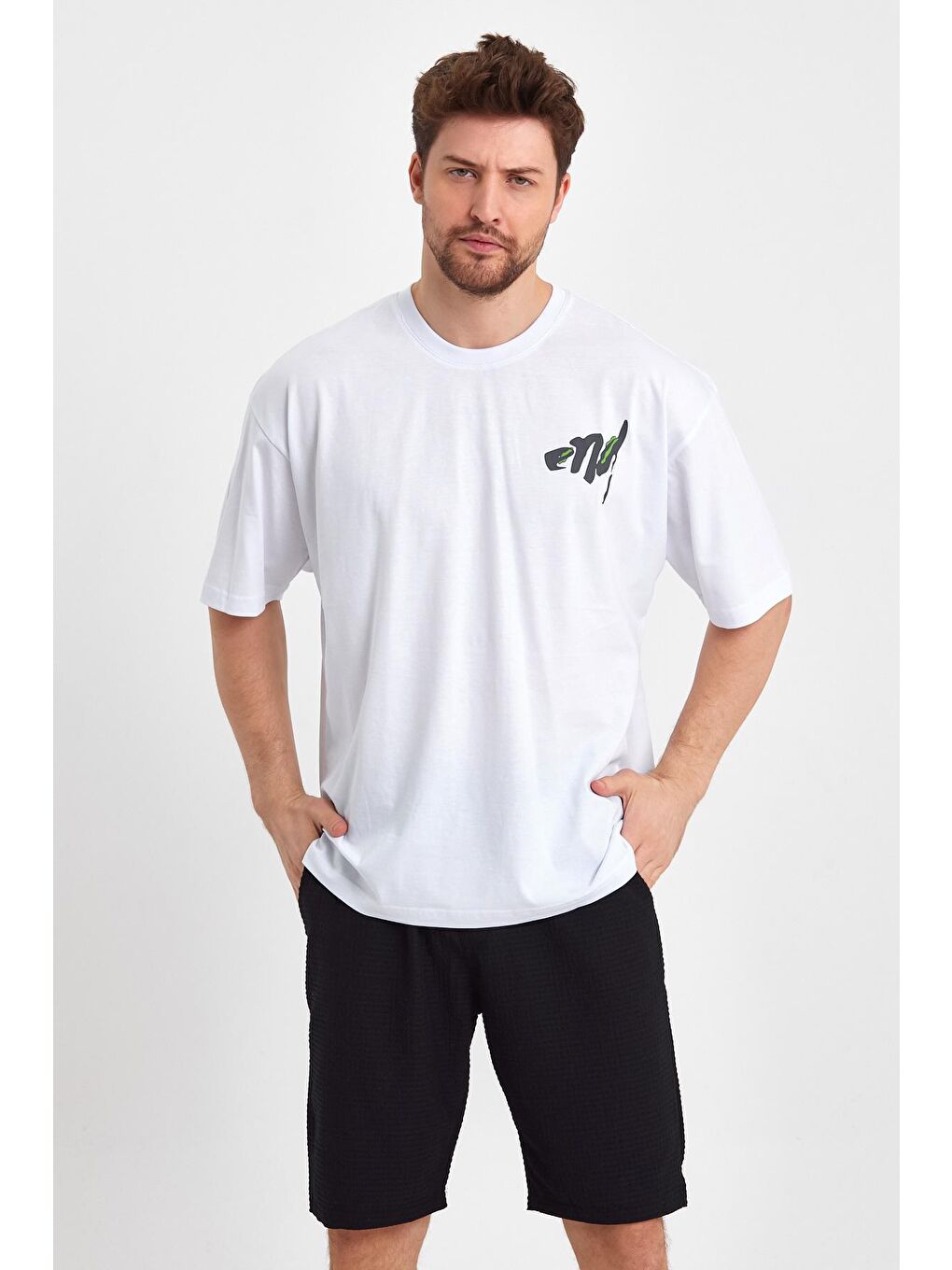 Beyaz Oversize Fit Bisiklet Yaka %100 Pamuk Sırt Baskılı Erkek Tişört RF0409-3