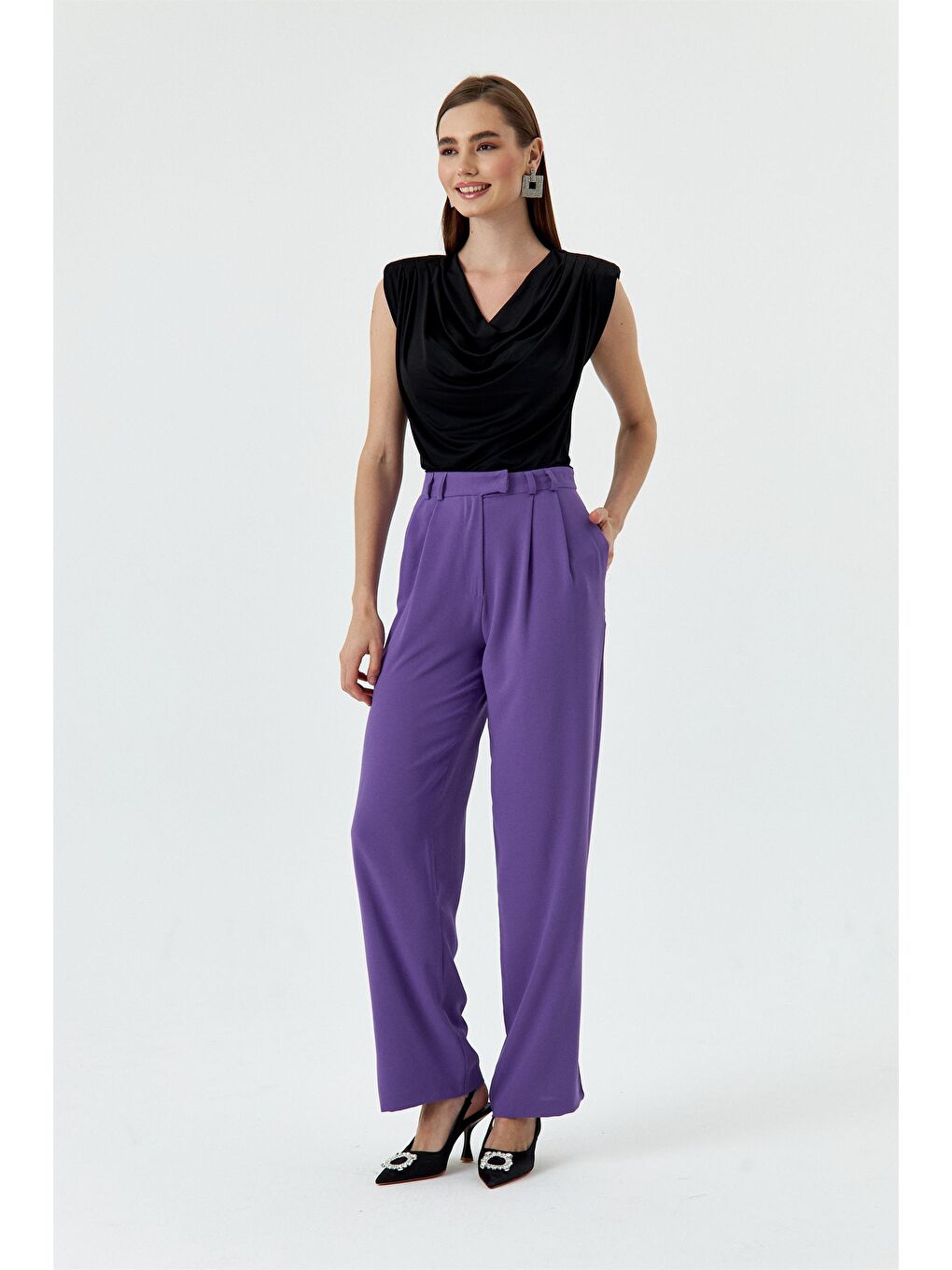Pileli Palazzo Mor Kadın Pantolon-1